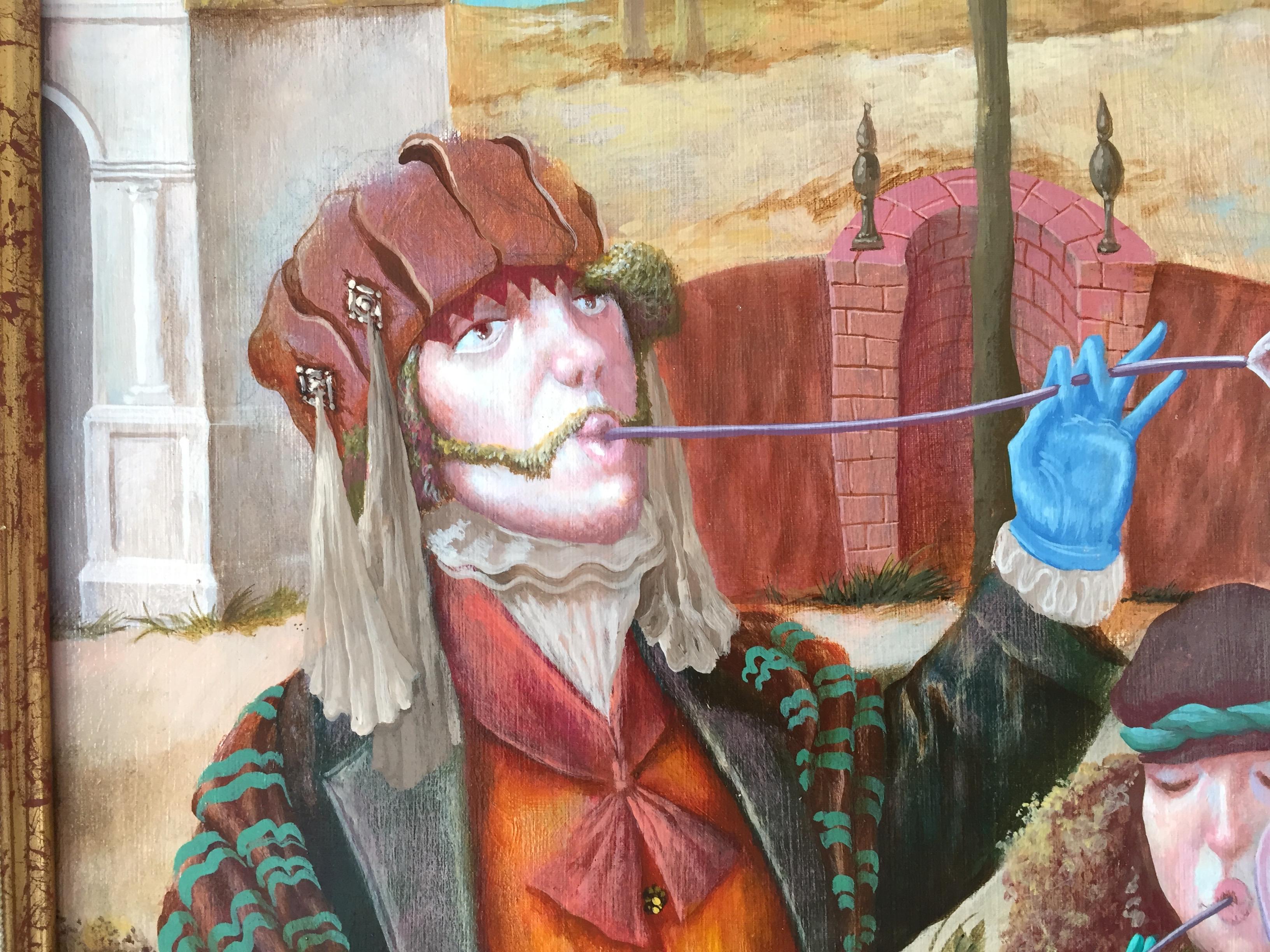 Les Bubblers. Peinture figurative. Paysage avec personnages dans un cadre de la Renaissance en vente 6