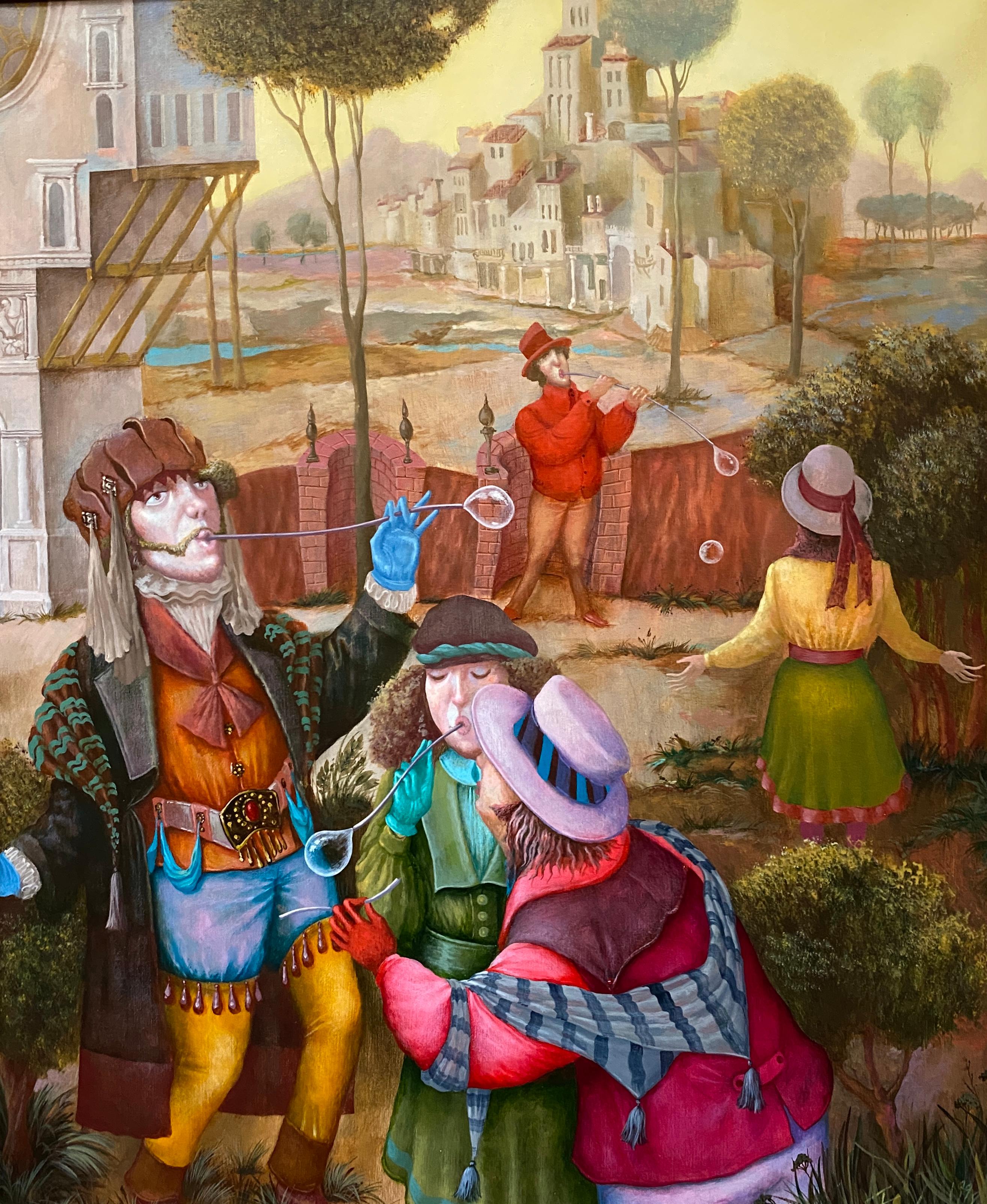 Los Bubblers. Pintura figurativa. Paisaje con figuras en un entorno renacentista - Painting de Igor Fomin