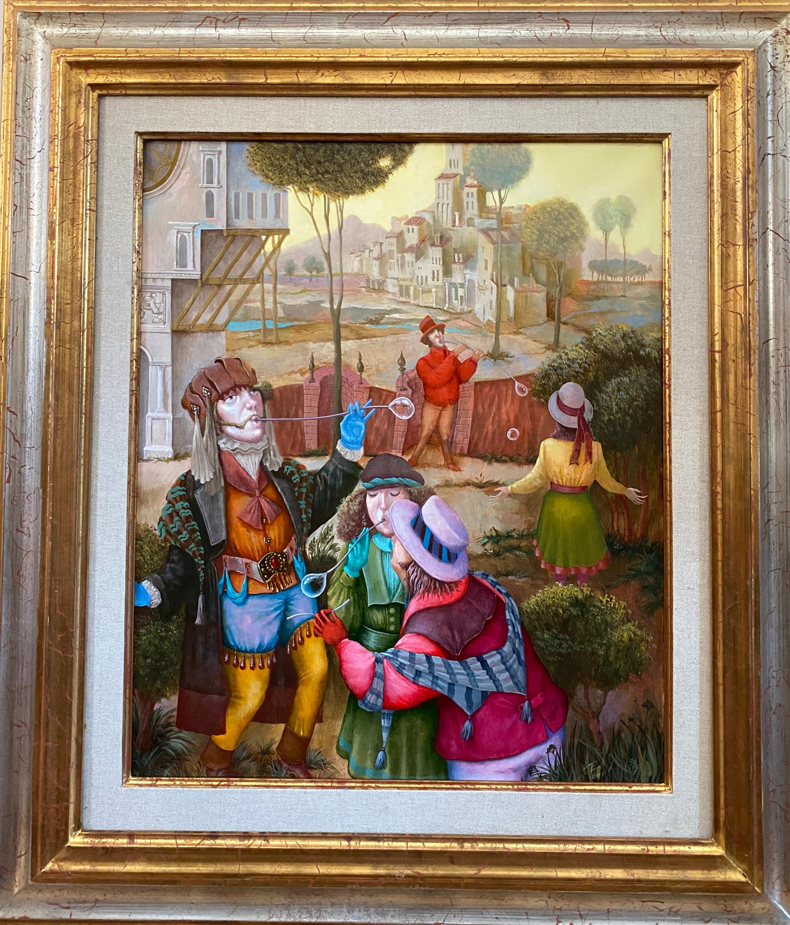 Les Bubblers. Peinture figurative. Paysage avec personnages dans un cadre de la Renaissance - Marron Portrait Painting par Igor Fomin