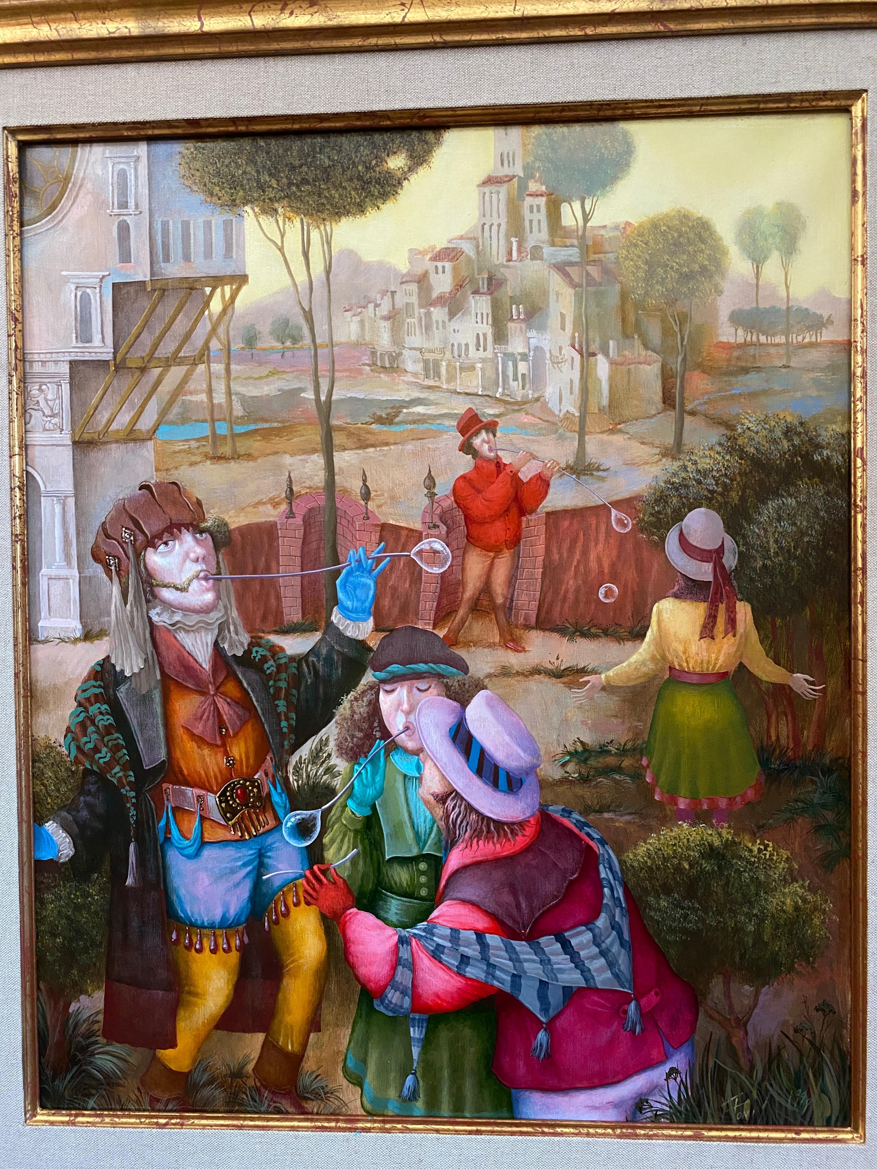The Bubblers (Los Burbujeros..) Peinture figurative. Paysage avec des personnages dans un décor de la Renaissance.
Acrylique sur toile.
Auteur : Igor Fomin.
Mesures en centimètres : 65 x 54 x 3 cm. / Encadré : 94 x 83 x 5 cm.
En pouces : 25.56 x