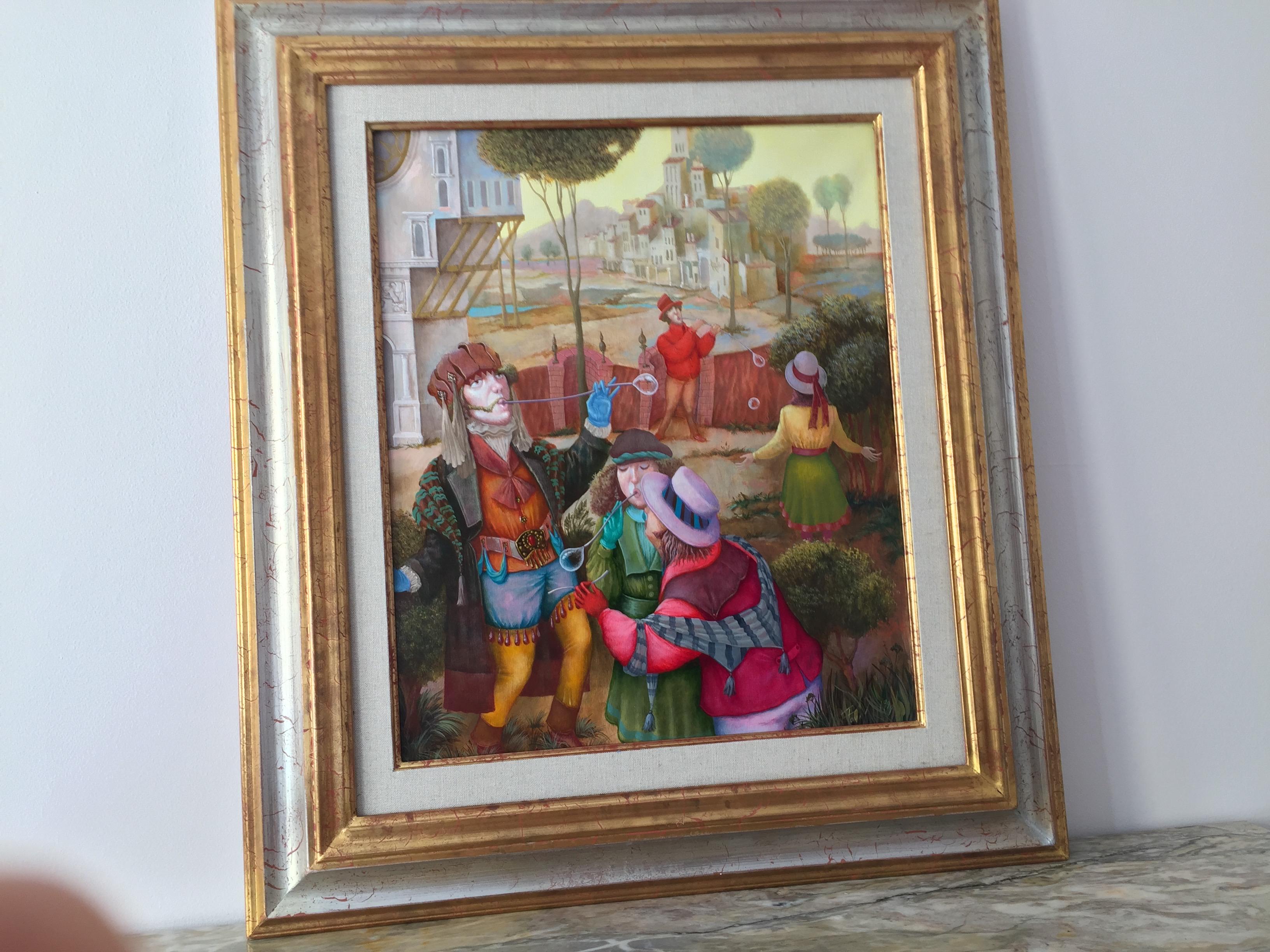 Les Bubblers. Peinture figurative. Paysage avec personnages dans un cadre de la Renaissance en vente 1
