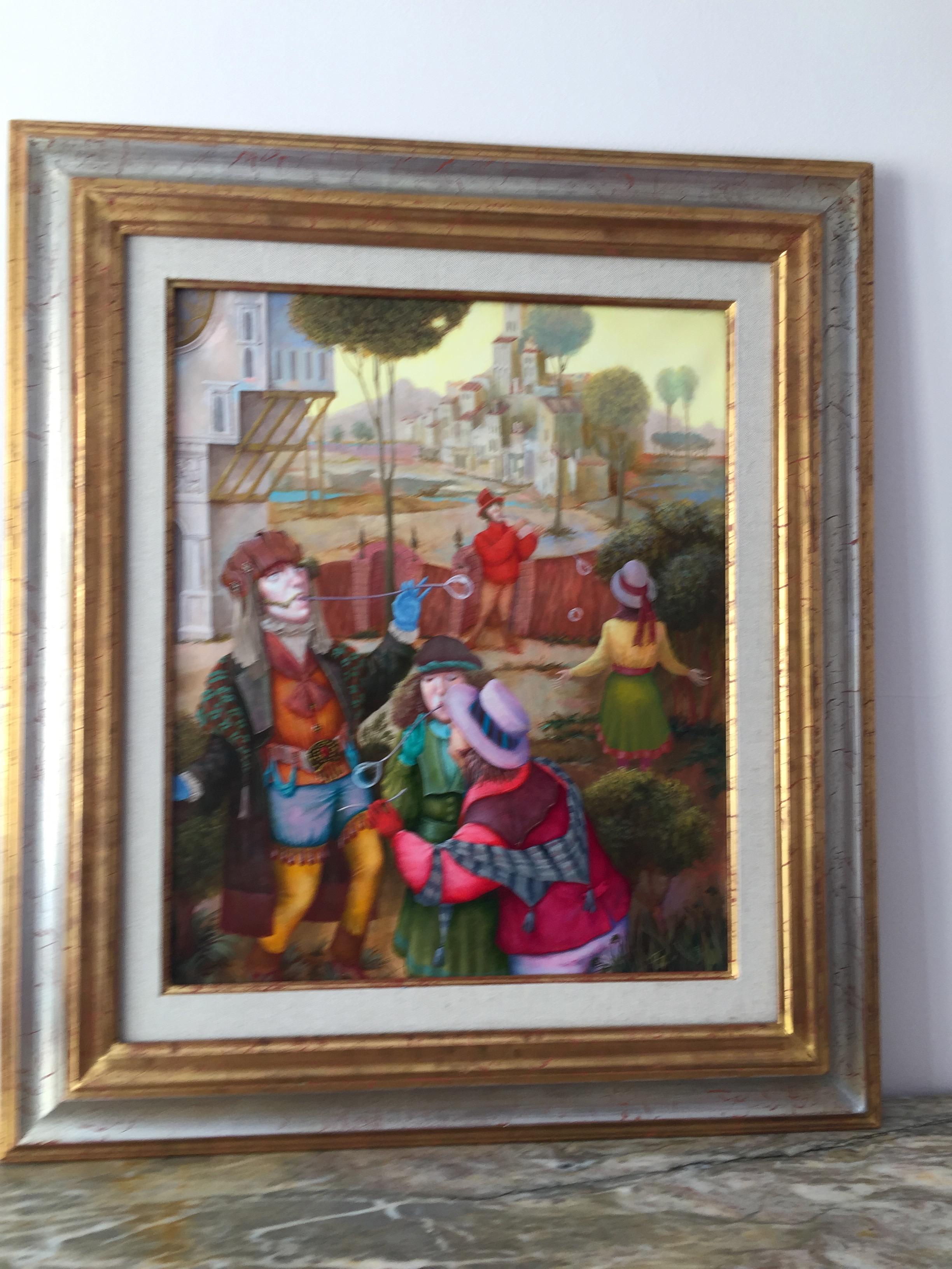 Les Bubblers. Peinture figurative. Paysage avec personnages dans un cadre de la Renaissance en vente 2