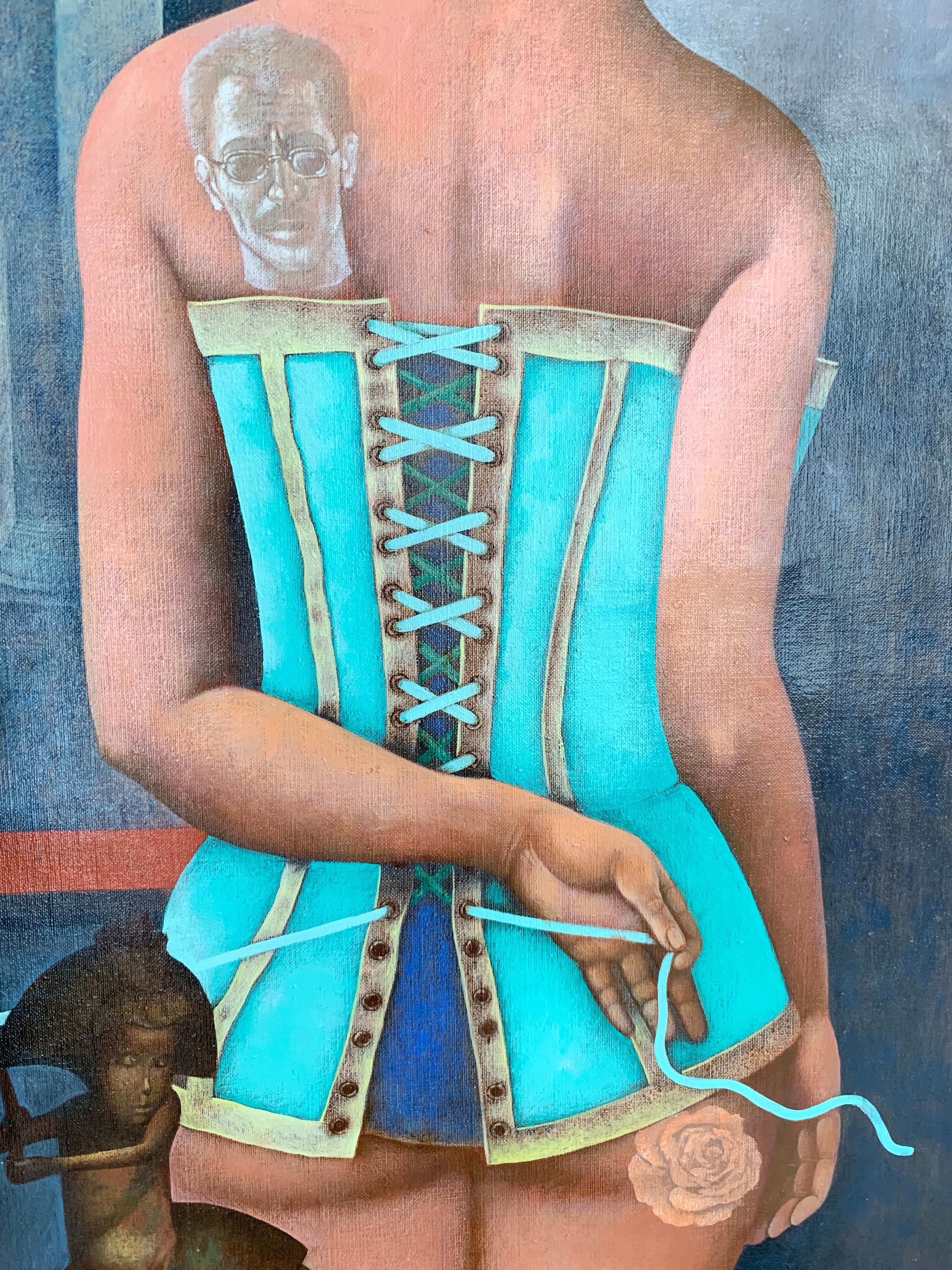 Das Korsett - ein Gänseblümchenmädchen in Korsett, in Grau, Blau, Braun und Türkis gefertigt – Painting von Igor Fomin