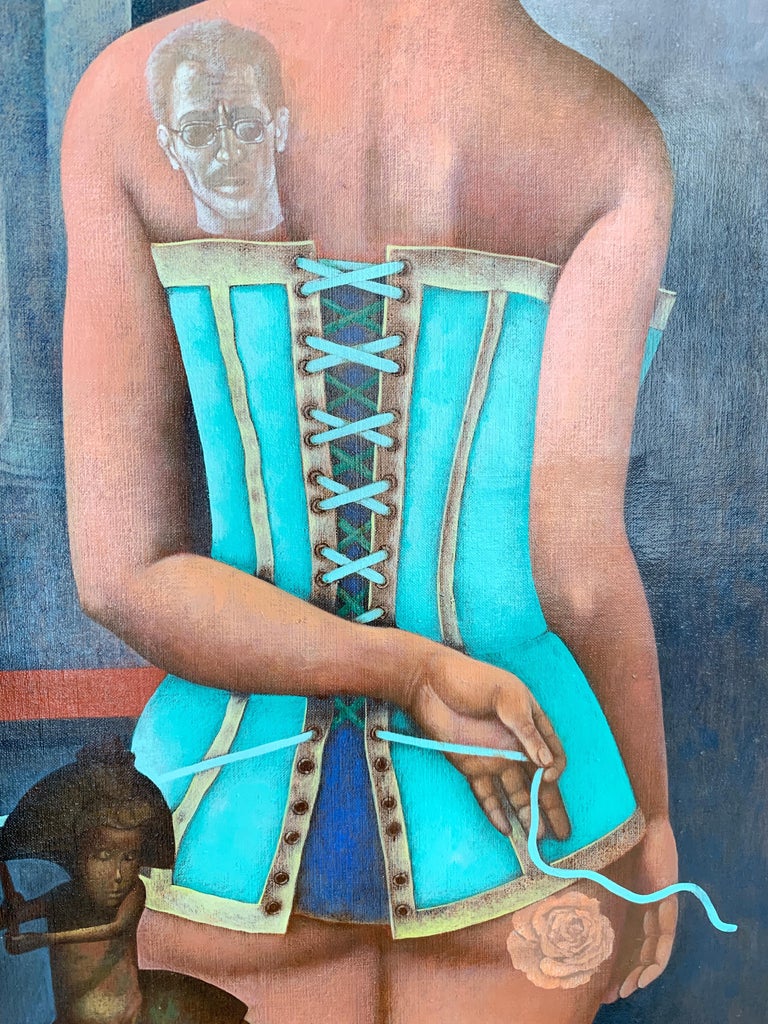 The Corset-a ginger girl in corset, made in grey, blue, brown, turquoise color - Painting by Igor Fomin