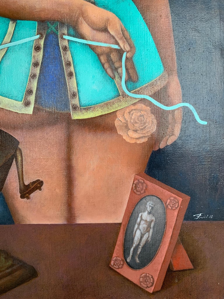 The Corset-a ginger girl in corset, made in grey, blue, brown, turquoise color - Modern Painting by Igor Fomin
