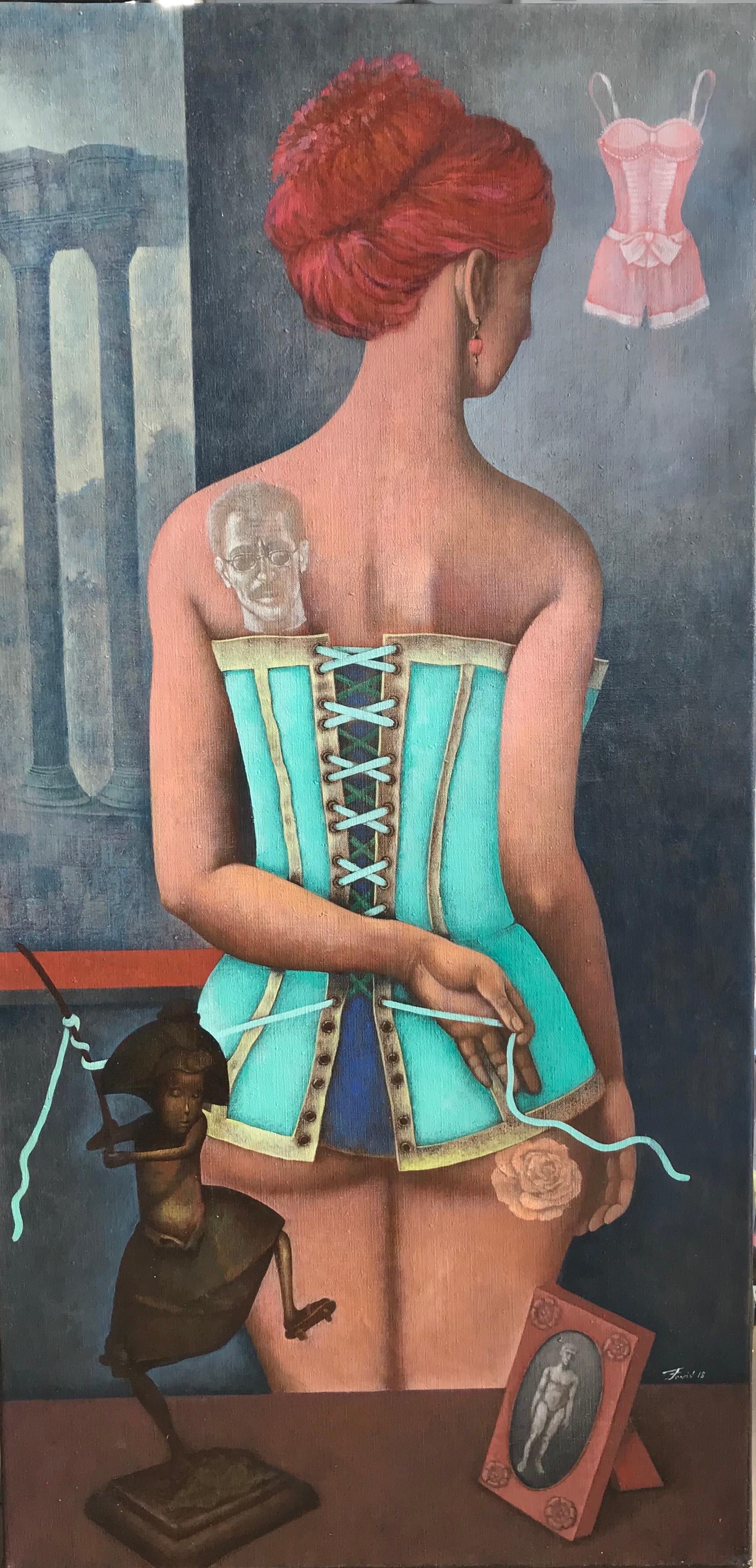 Il corsetto: una ragazza ginger con un corsetto di colore grigio, blu, marrone e turchese.