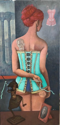 Il corsetto: una ragazza ginger con un corsetto di colore grigio, blu, marrone e turchese.