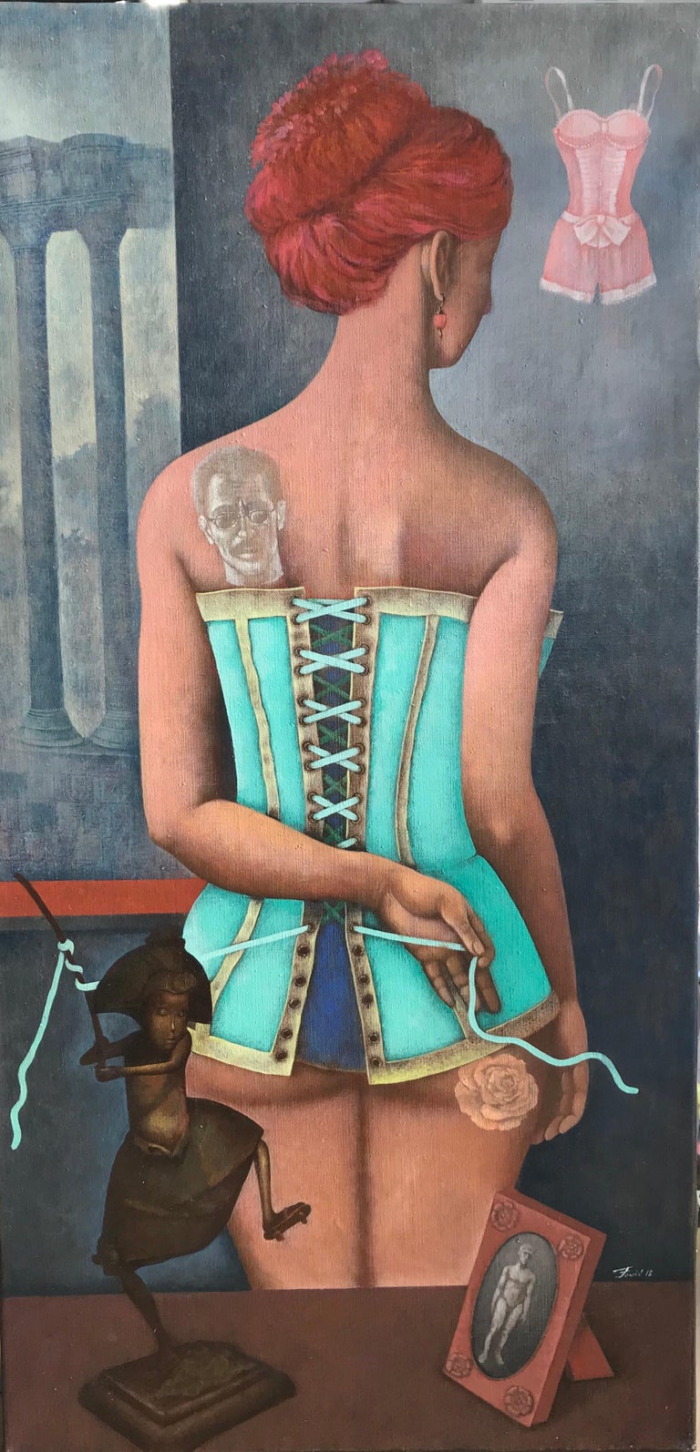 Igor Fomin Interior Painting - The Corset-a ginger girl in corset, made in grey, blue, brown, turquoise color