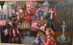 I fumatori. Pittura figurativa. Paesaggio colorato con figure che fumano.