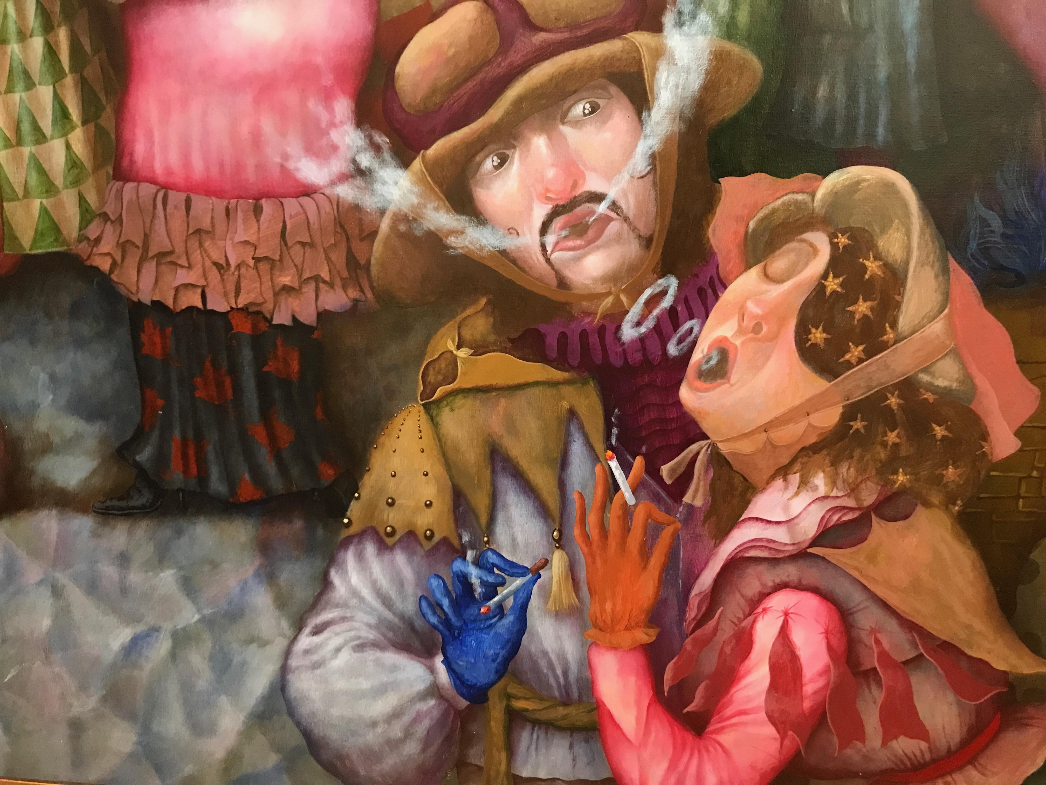 Die Raucher. Figurative Malerei. Bunte Landschaft mit rauchenden Figuren. im Angebot 3
