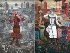 El Susurro de Ernestina-paisaje romántico de ciudad imaginaria realizado en rojo, verde