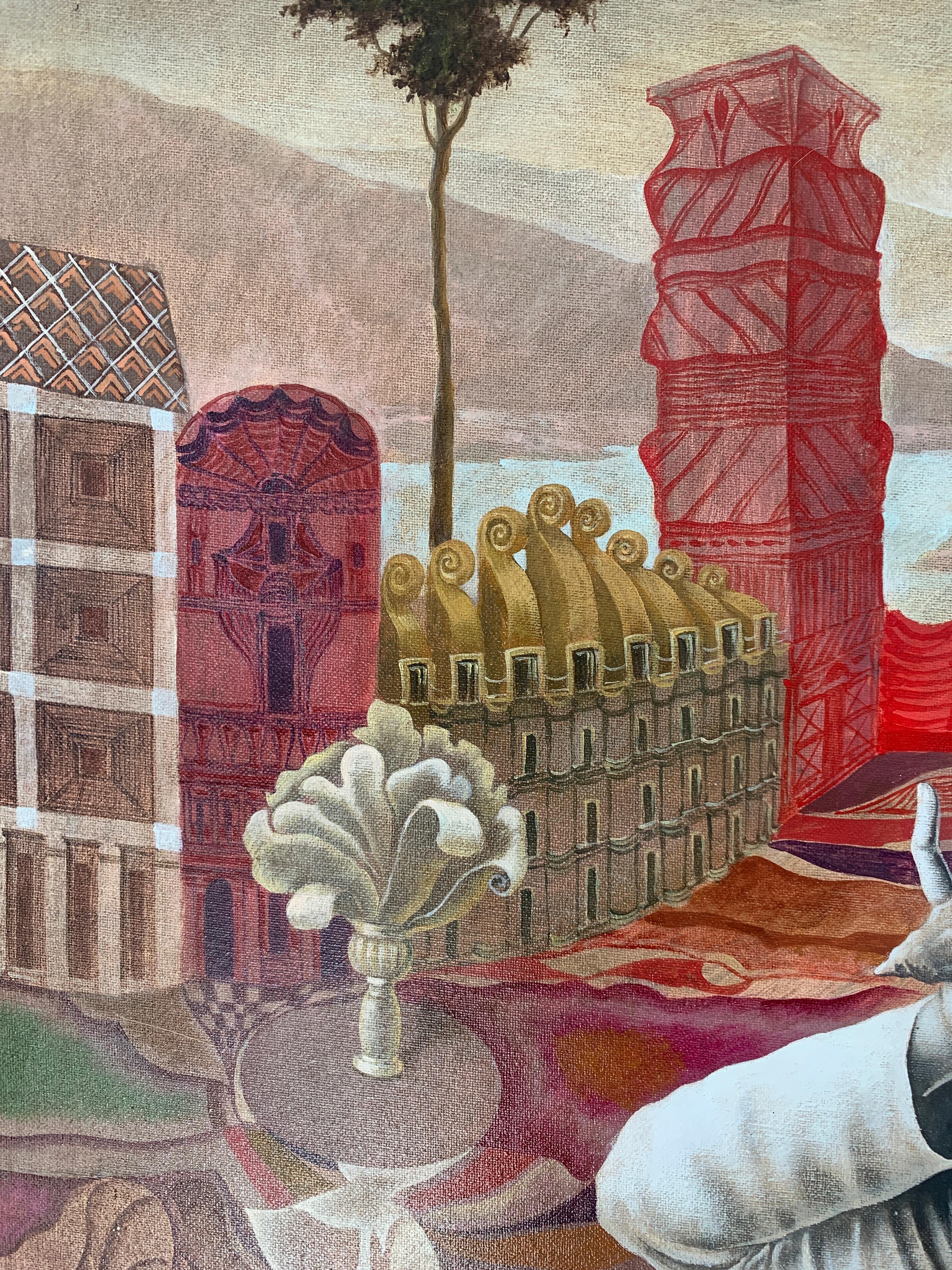 « The Whisper of Ernestine-romantic landscape of imaginary city » (Le mur de la ville imaginaire en rouge et vert) en vente 2