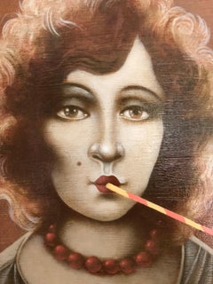 Thirst- woman with the straw in wine-colored, brown and beige