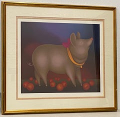 Igor Galanin "Pig With Pink Bow" Framed Serigraph c.1985