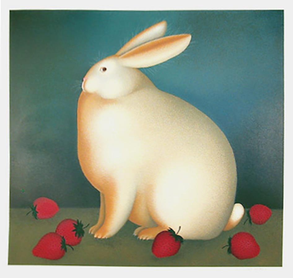 Artist: Igor Galanin, Russian/American (1937 - )
Title: Rabbit with Strawberries
Year: circa 1985
Medium: Serigraph, signed and numbered in pencil 
Edition: 100
Size: 38 in. x 38 in. (96.52 cm x 96.52 cm)