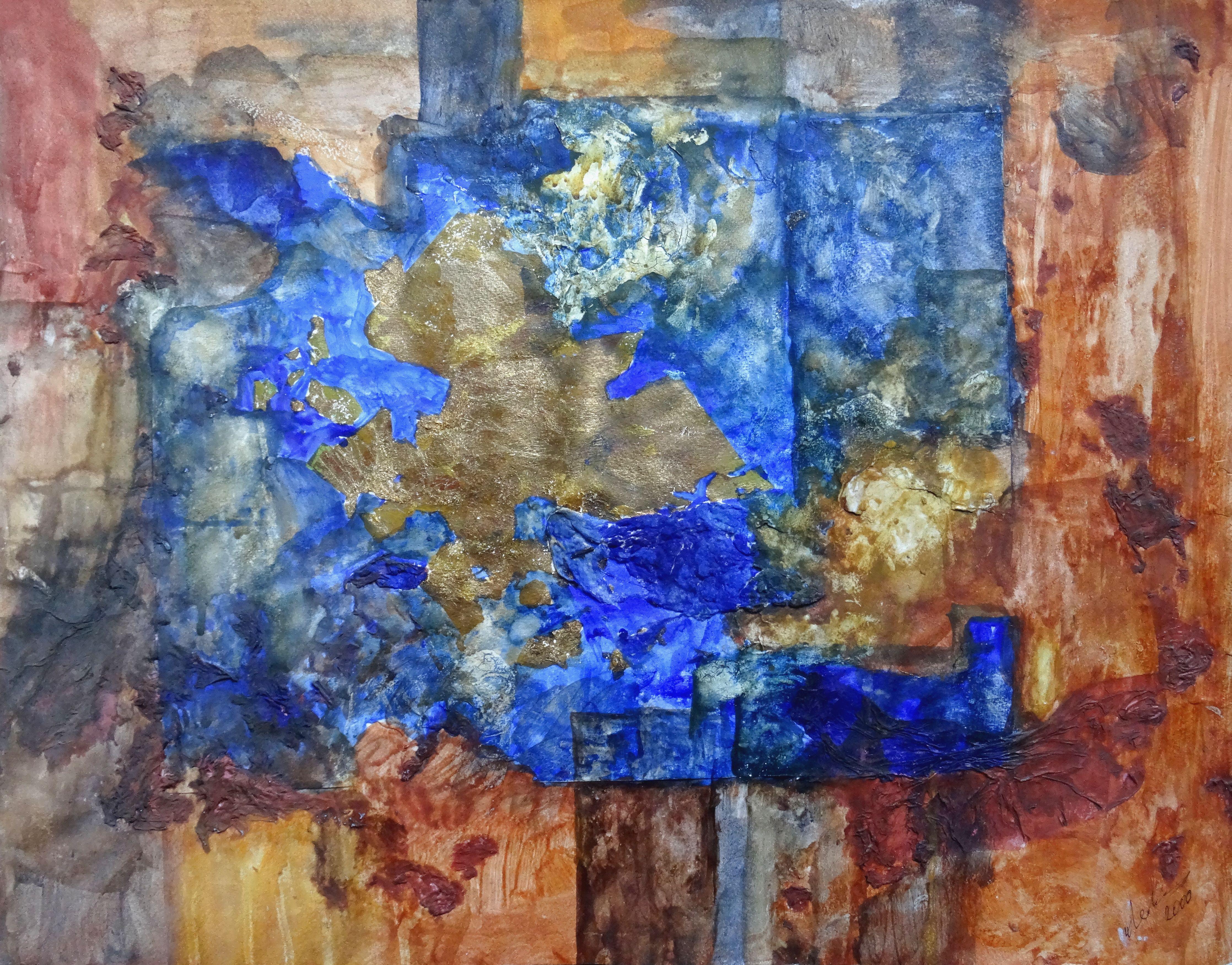 Igor Leontiev Abstract Painting - Golden-blue composition. 2000, paper, mixed media, 44x57 cm. Signed