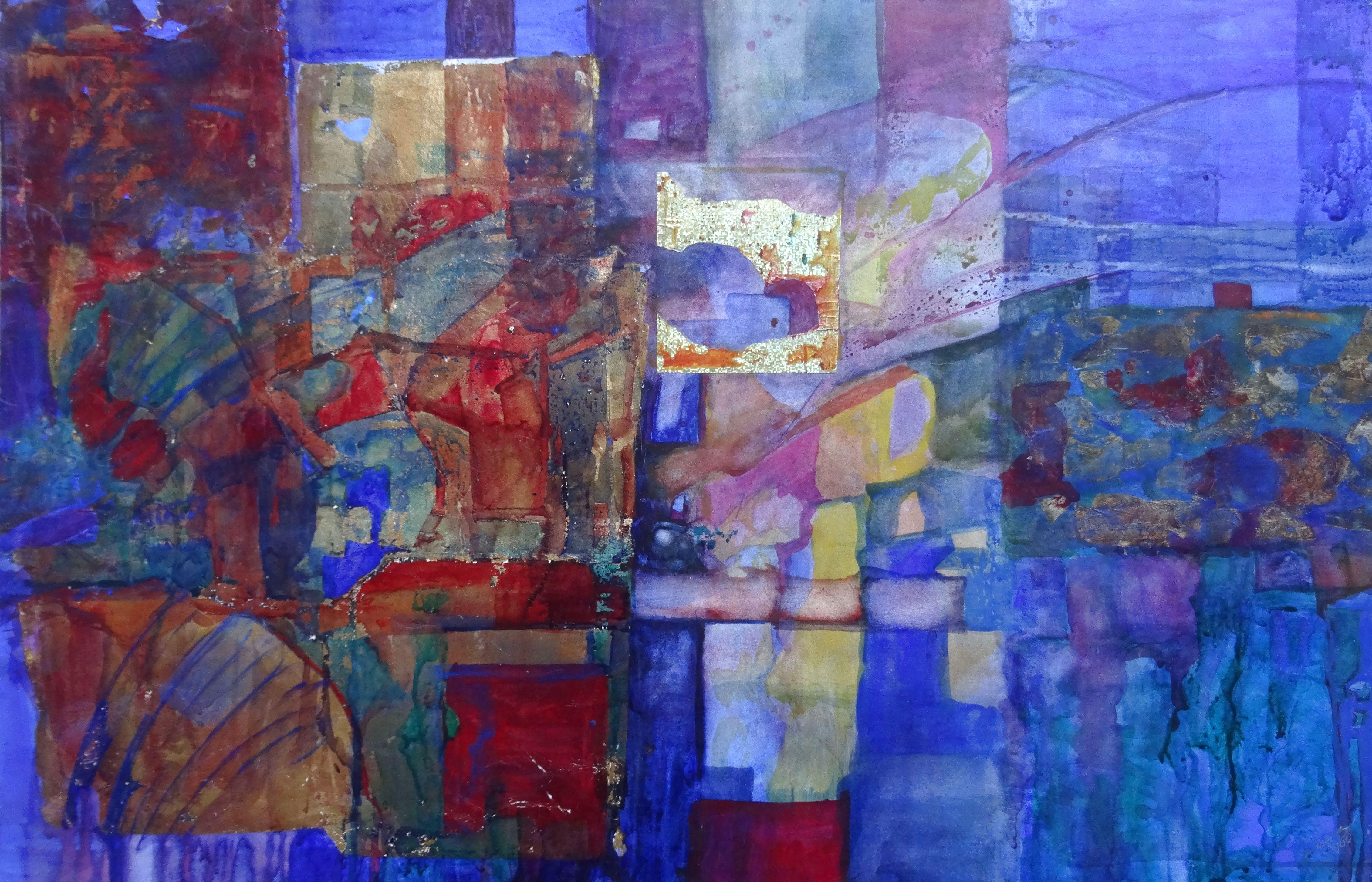 Igor Leontiev Abstract Painting - Life Flow. 2000, watercolor, collage on paper, 47.5x73 cm. Signed