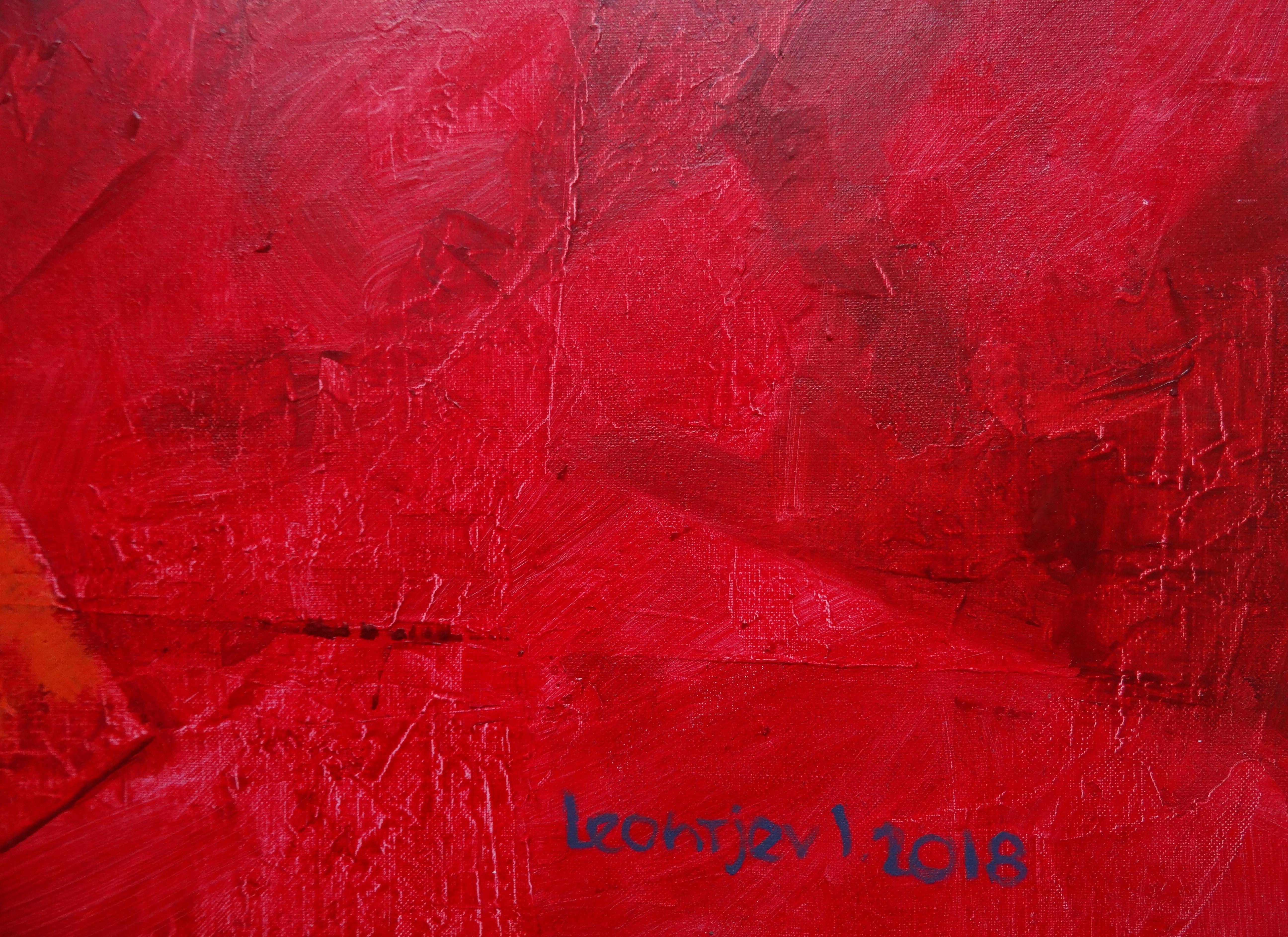 Red tango. Abstract large size painting in red. 2018, oil on canvas, 100x120 cm - Painting by Igor Leontiev