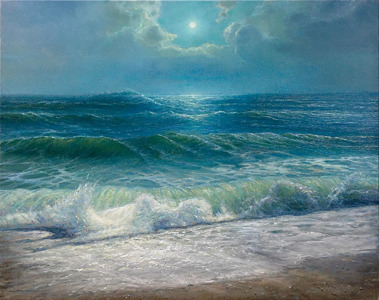 Landscape Painting de Igor Maikov - Mar azul negro,  óleo/lienzo, 80x100 cm, 2022.