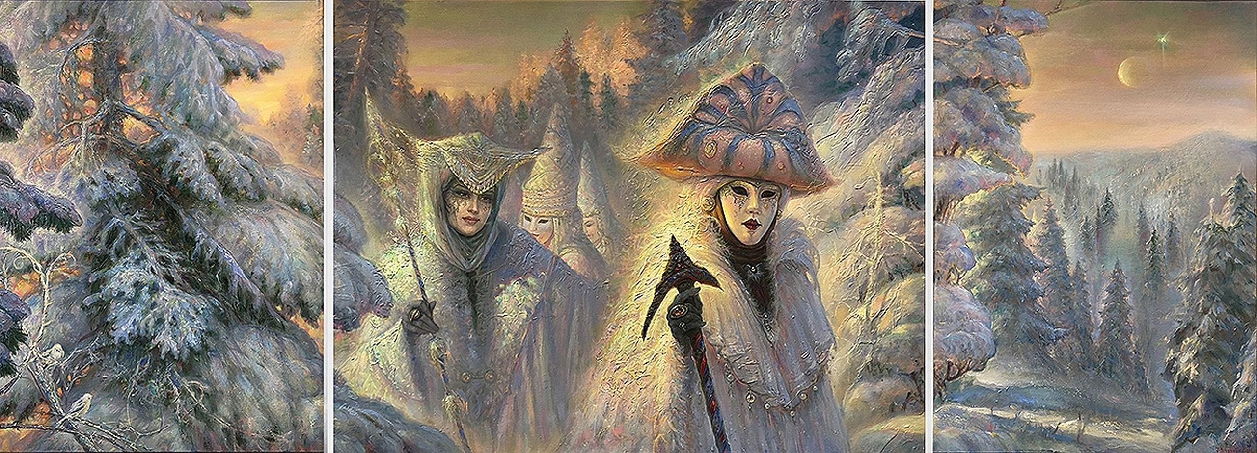 Figurative Painting di Igor Maikov - Carnevale d'inverno. Trittico. 2020, tela, olio, 70x50 cm; 70x90 cm; 70x50 cm