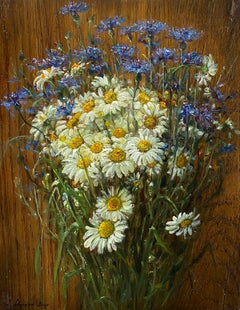 Daisies and cornflowers. 2015. Wood/oak, oil. 32x25x3 cm