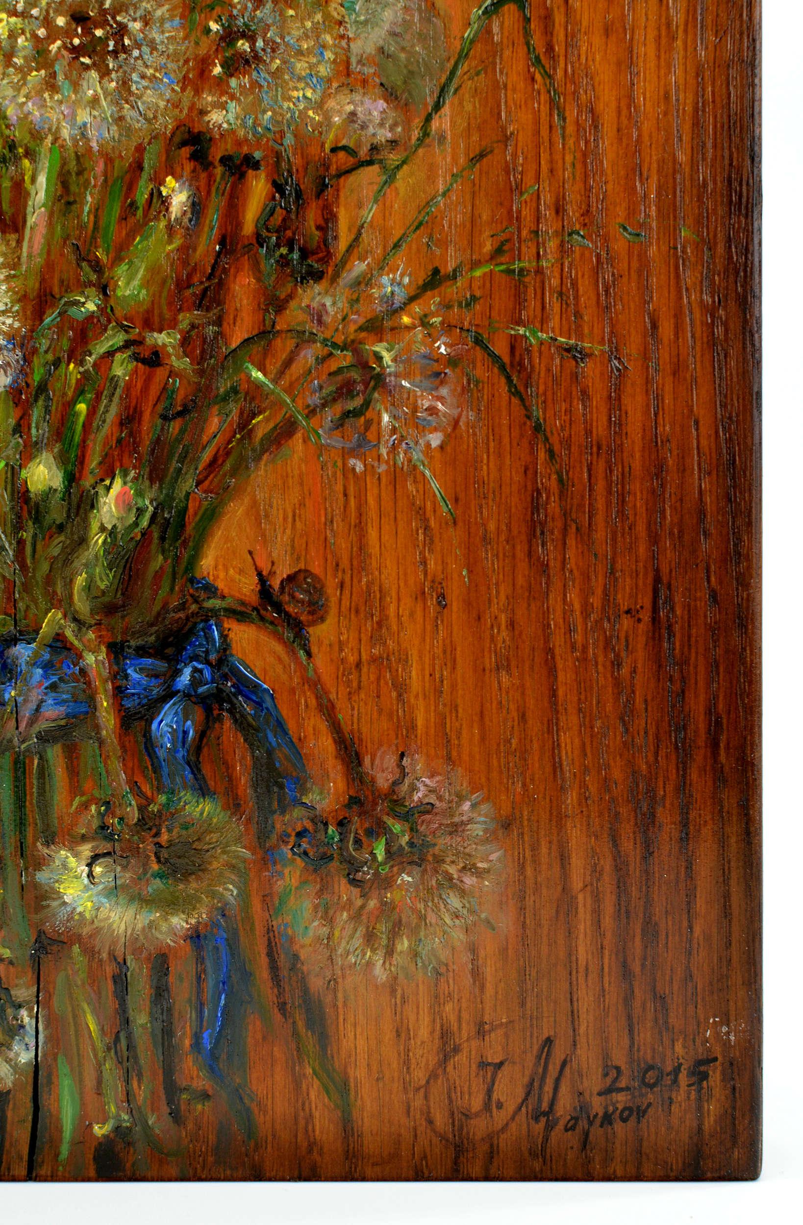 Löwenzahn. 2015. Holz/Eiche, Öl. 32x25x3 cm (Realismus), Painting, von Igor Maikov