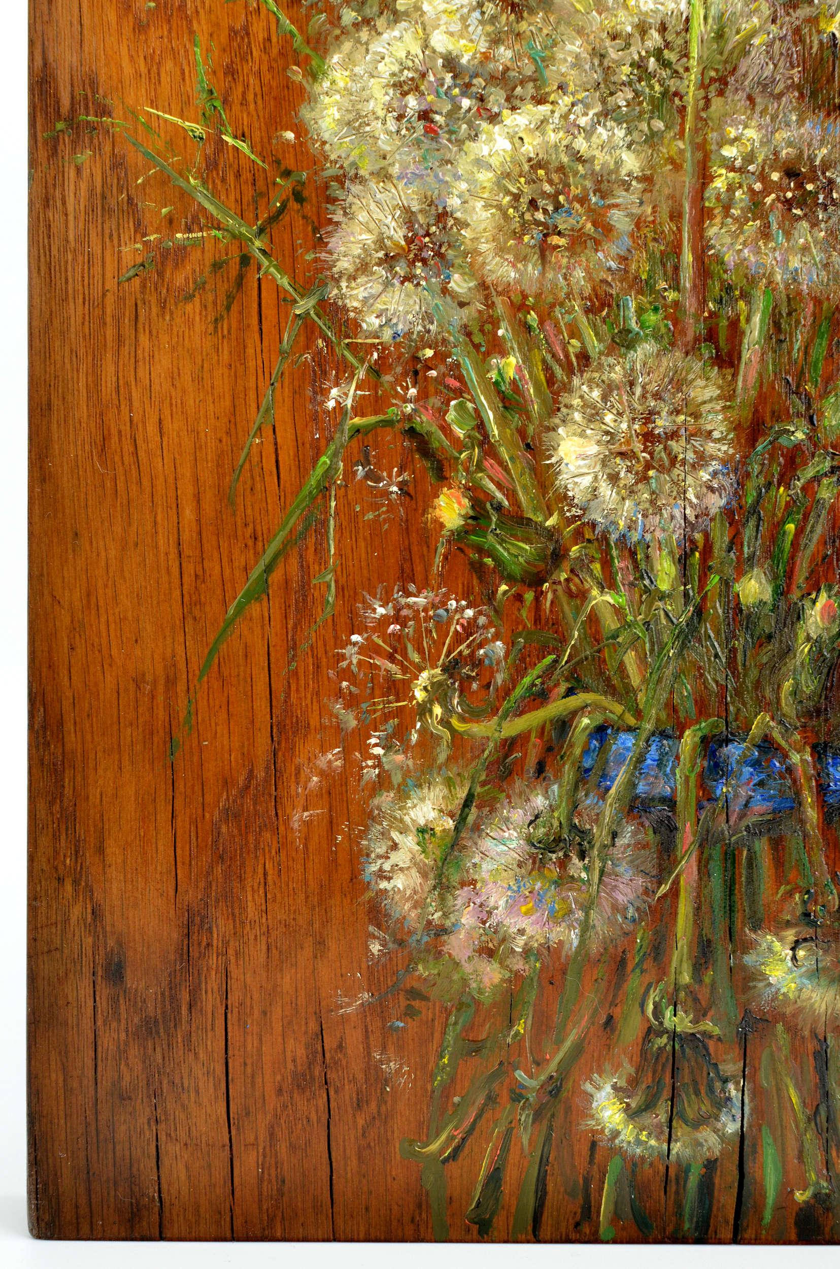 Löwenzahn. 2015. Holz/Eiche, Öl. 32x25x3 cm (Braun), Still-Life Painting, von Igor Maikov