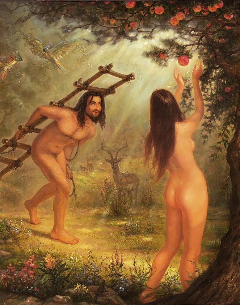 Figurative Painting di Igor Maikov - Frutto proibito  olio/tela, 95x75 cm, 2009