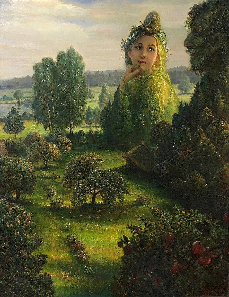 Figurative Painting di Igor Maikov - Conversazione verde  olio/tela, 90x70 cm, 2021