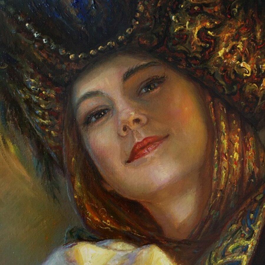 Nelle luci della mascherata. 2021, olio su tela, 90x70 cm - Portrait Painting Nero di Igor Maikov