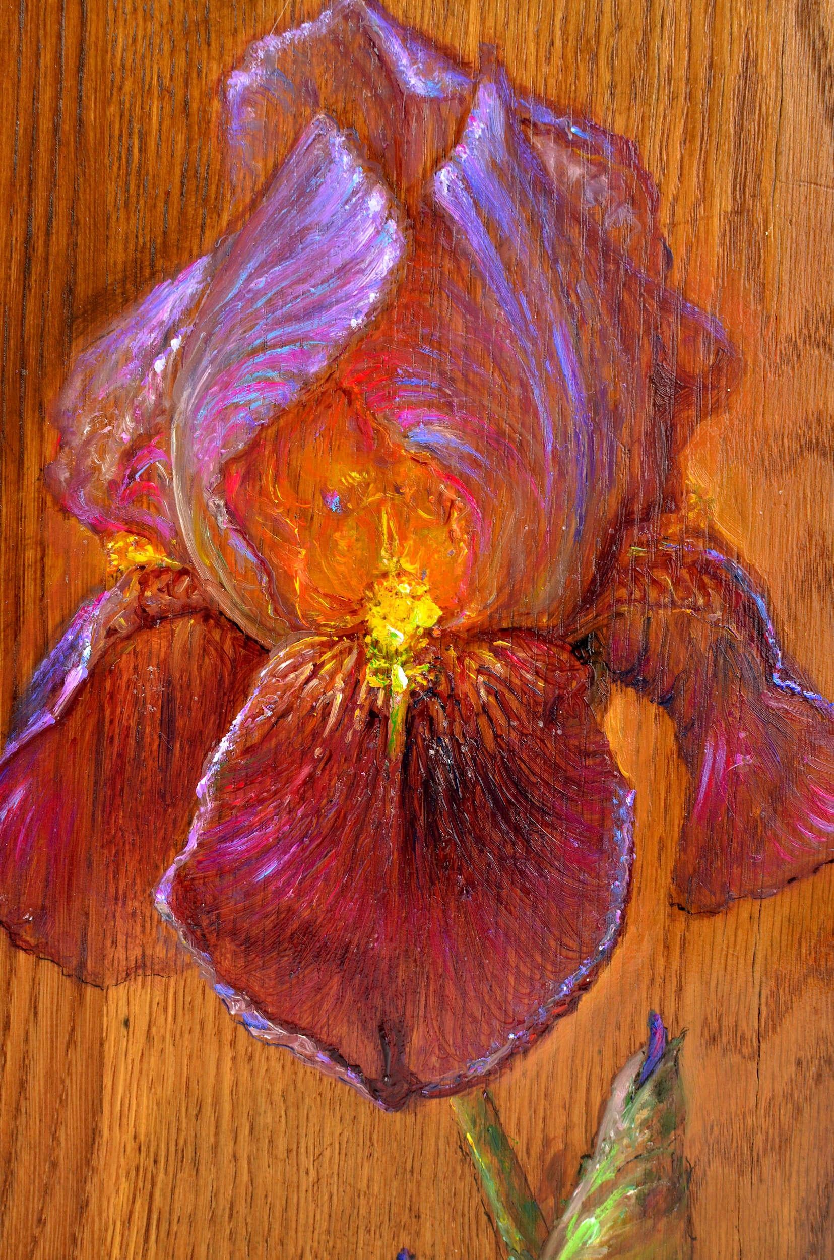 Iris. 2015. Wood/oak, huile. 32x25x3 cm - Réalisme Painting par Igor Maikov