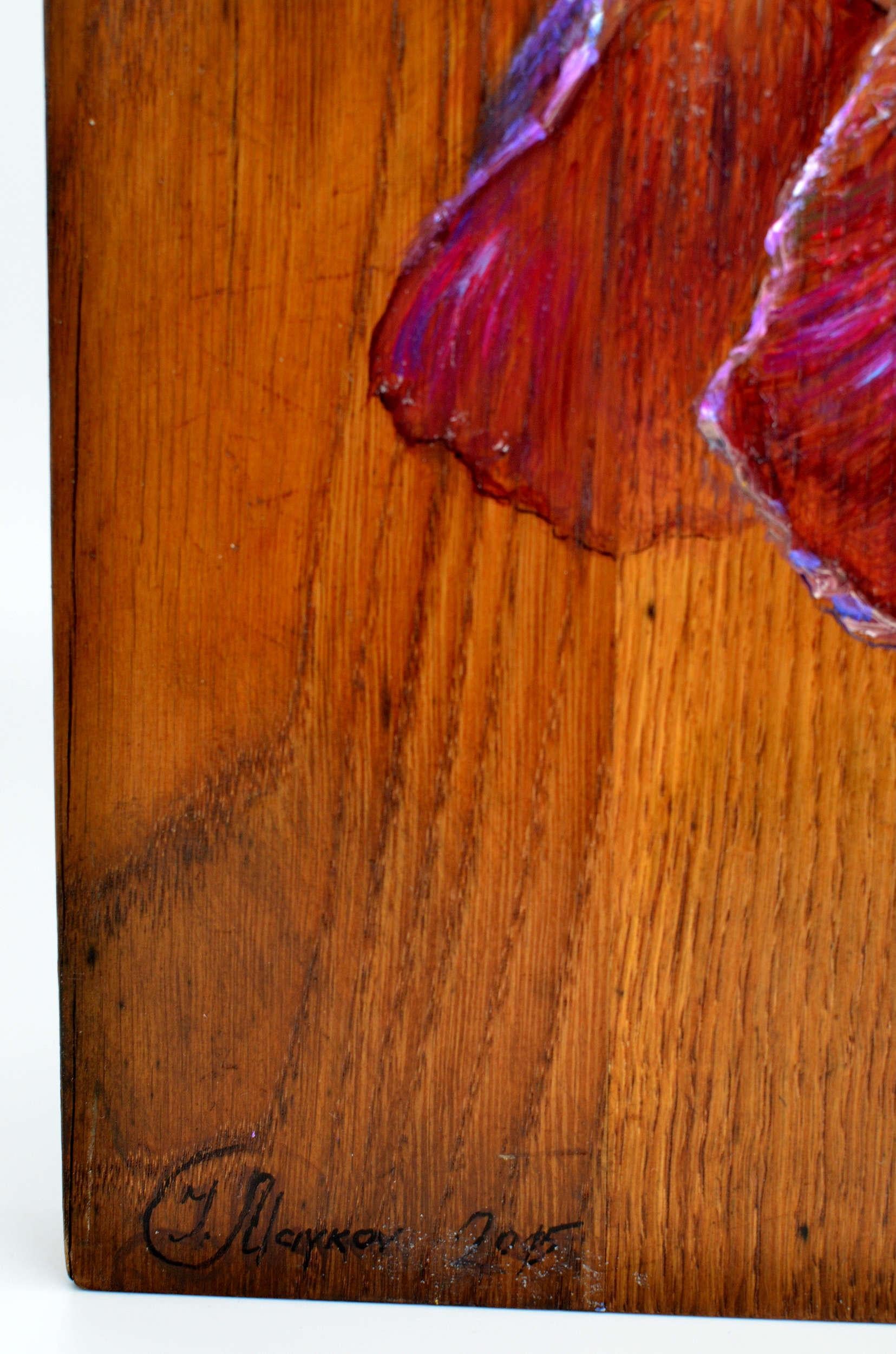 Iris. 2015. Wood/oak, huile. 32x25x3 cm en vente 1