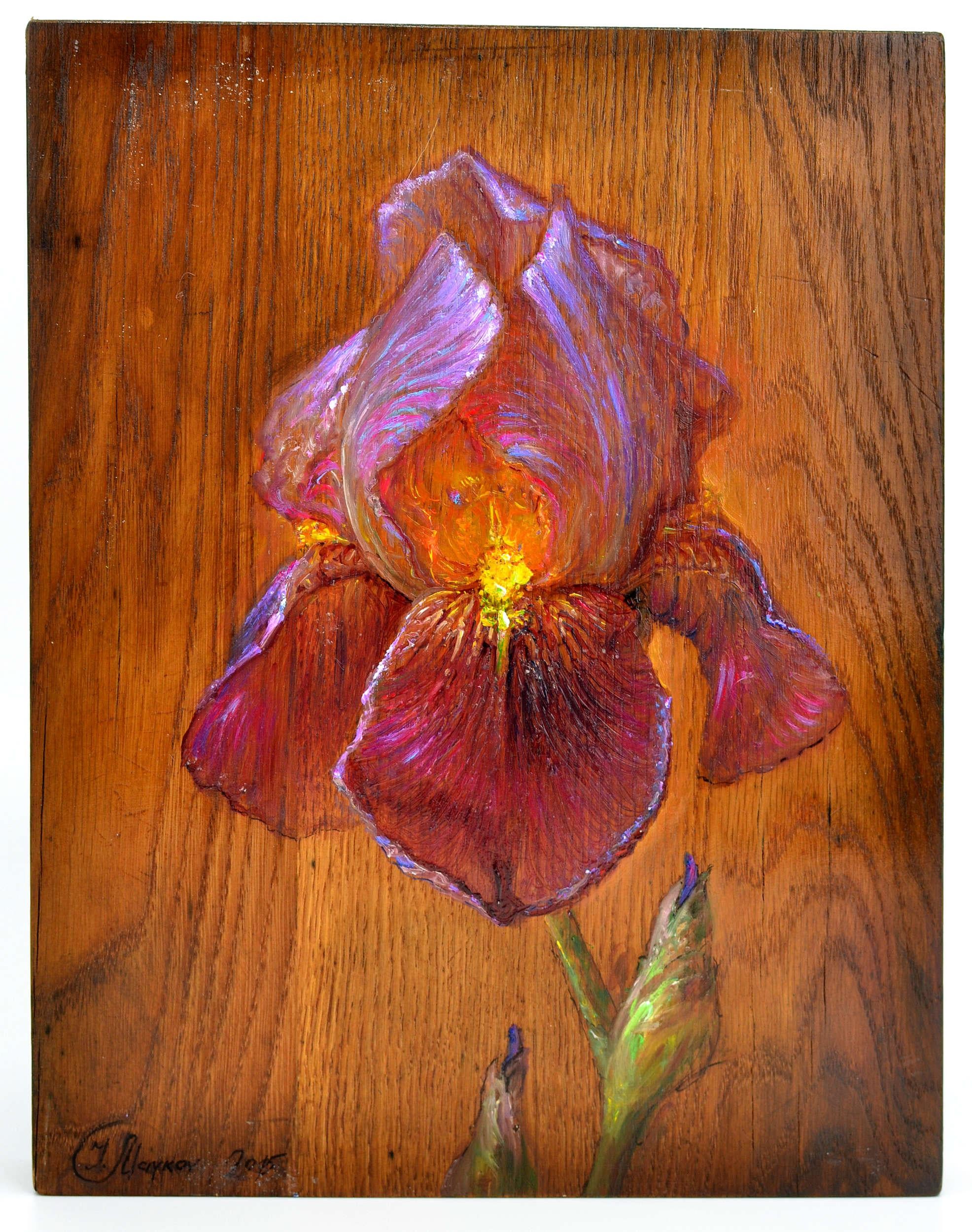 Iris. 2015. Holz/Eiche, Öl. 32x25x3 cm
