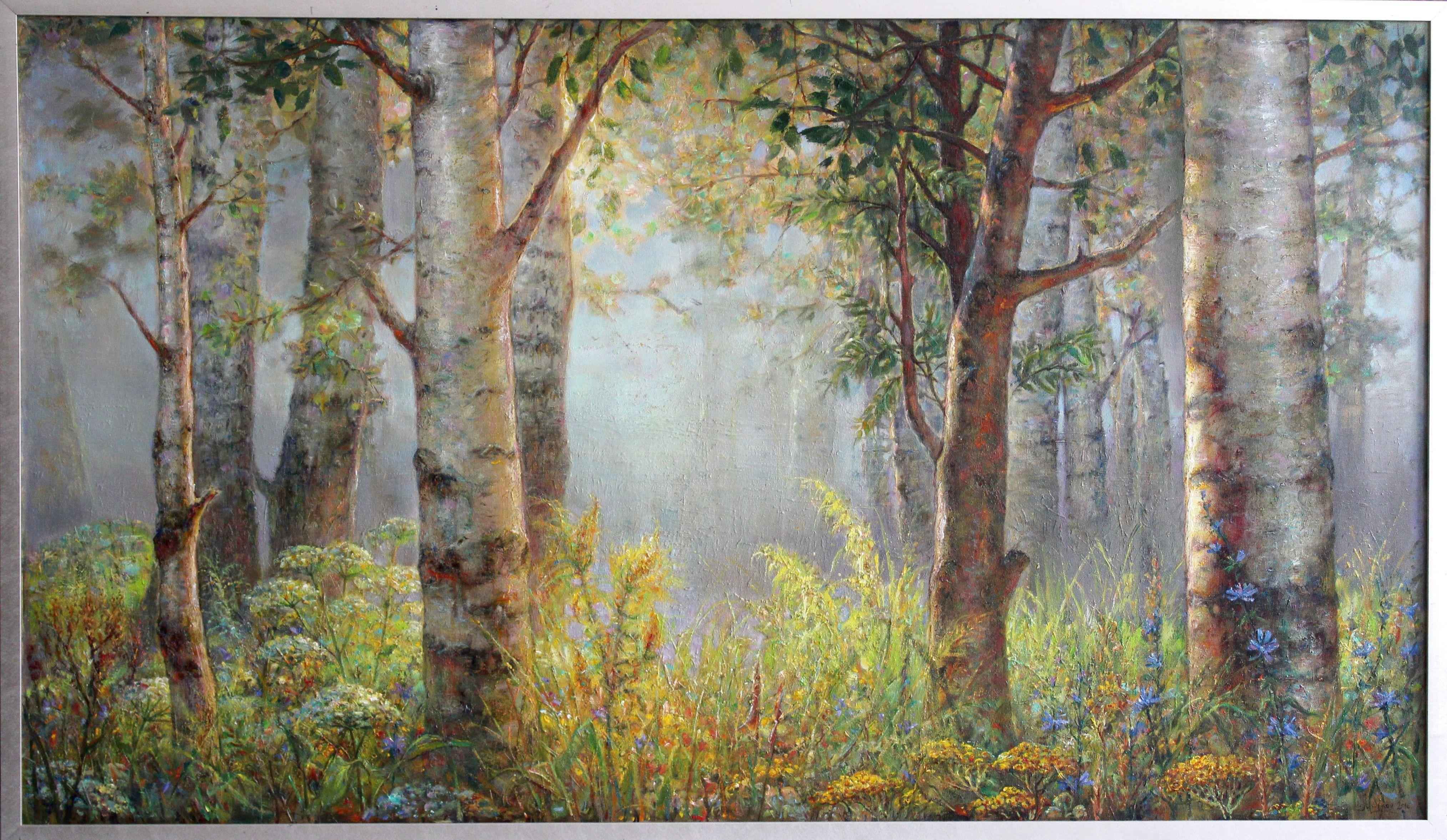 Landscape with birch trees. 2010, canvas, oil, 79x137 cm - Painting by Igor Maikov