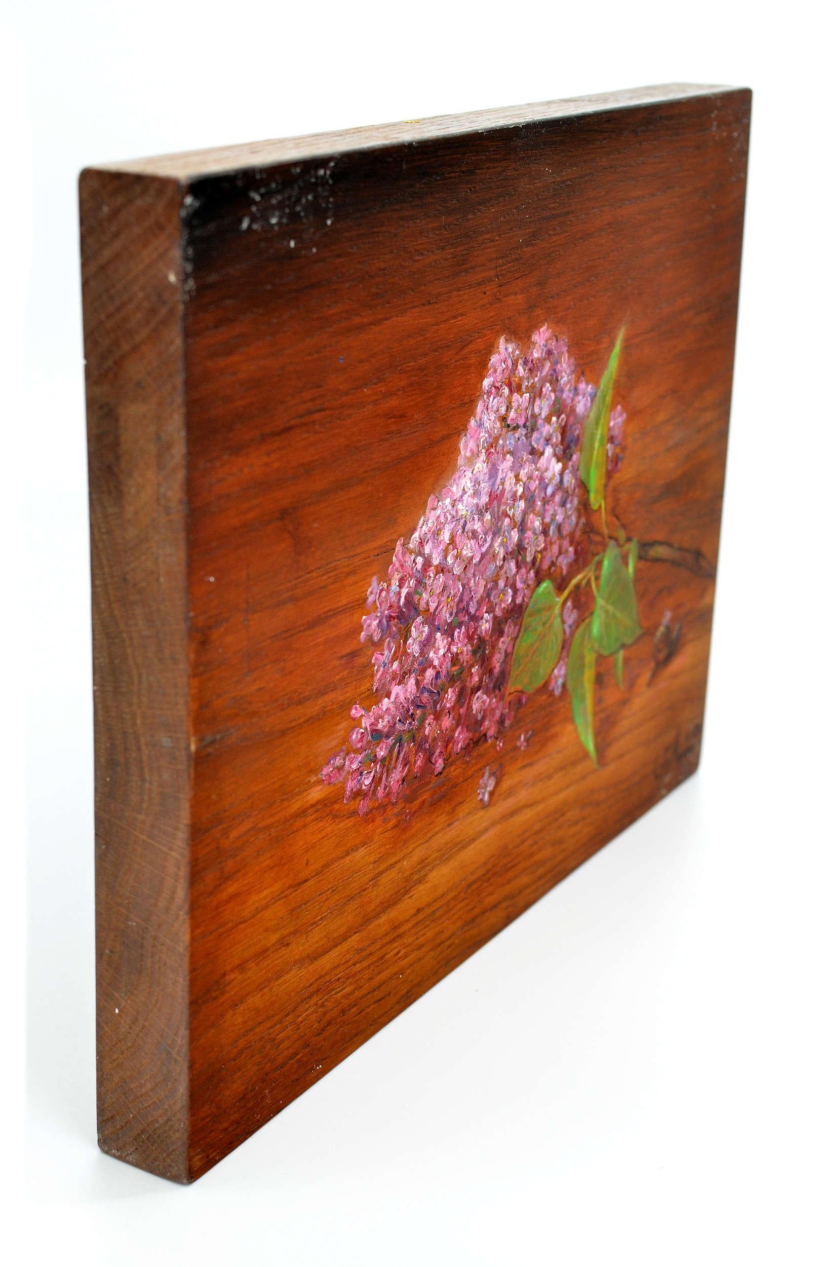 Flieder. 2015. Holz/Eiche, Öl. 32x25x3 cm im Angebot 1