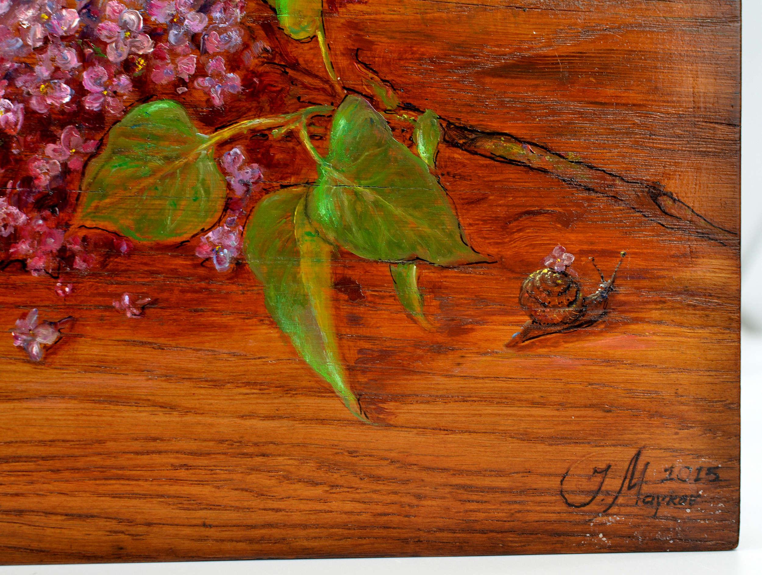 Flieder. 2015. Holz/Eiche, Öl. 32x25x3 cm im Angebot 2