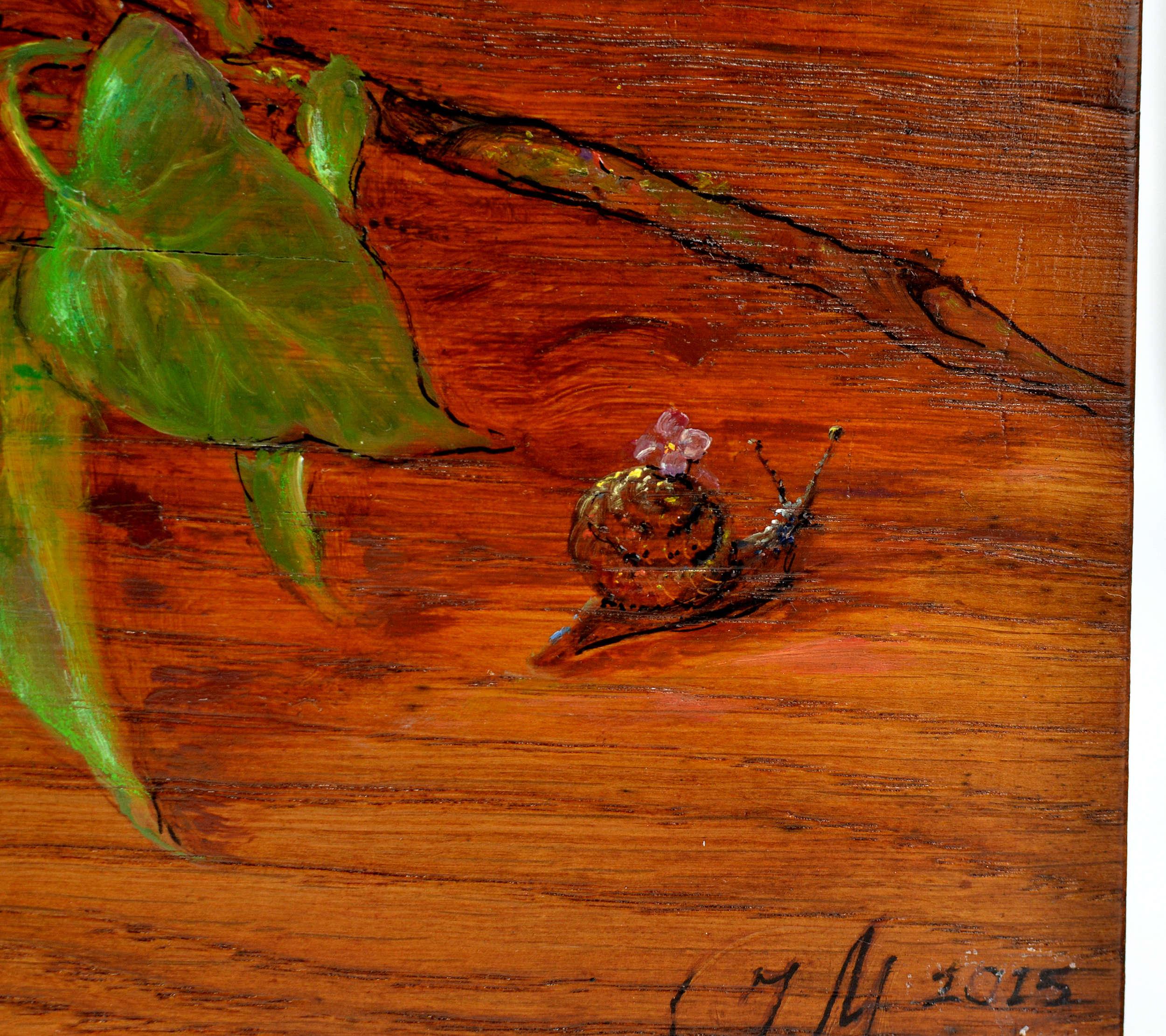 Flieder. 2015. Holz/Eiche, Öl. 32x25x3 cm im Angebot 3