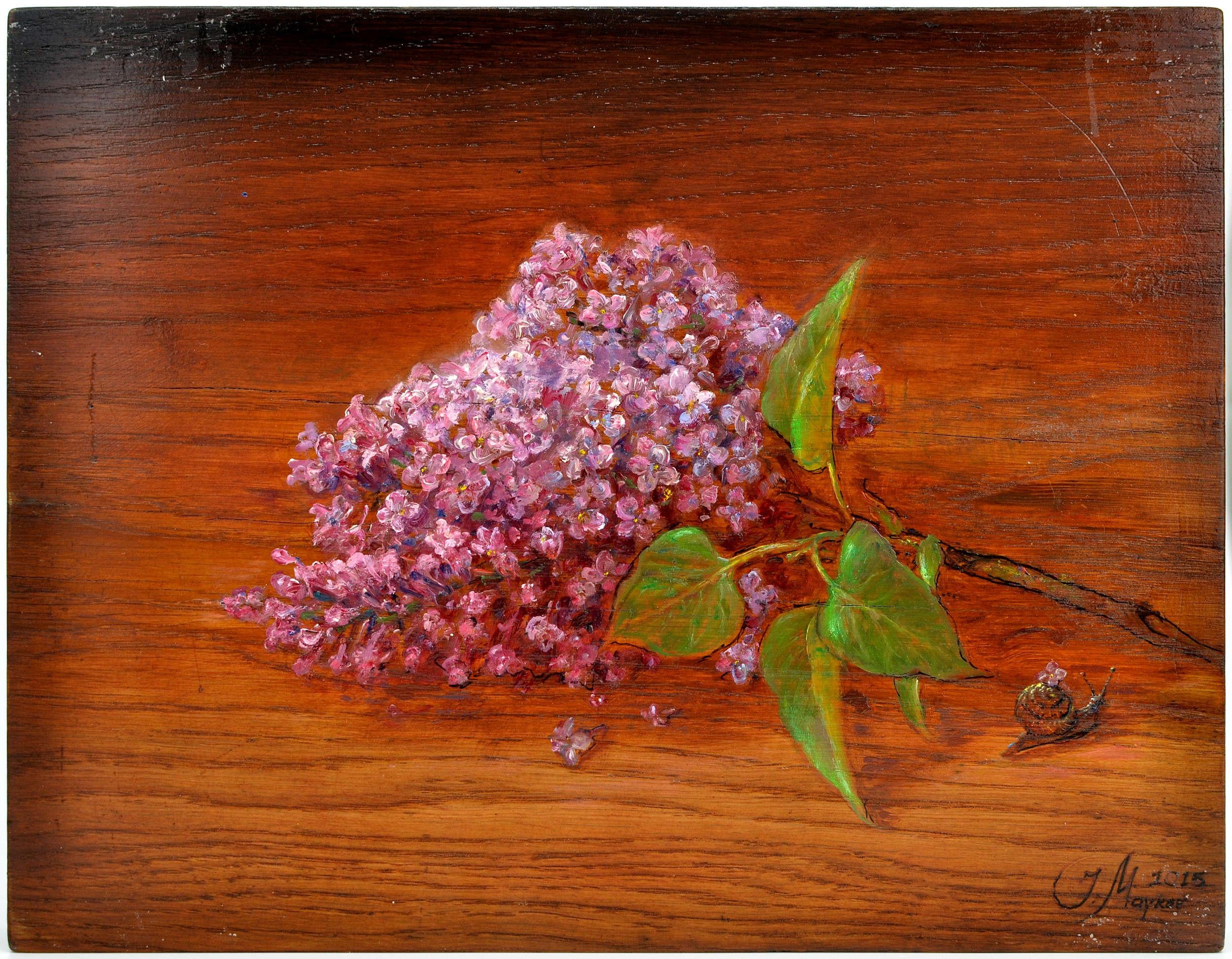Igor Maikov Still-Life Painting – Flieder. 2015. Holz/Eiche, Öl. 32x25x3 cm