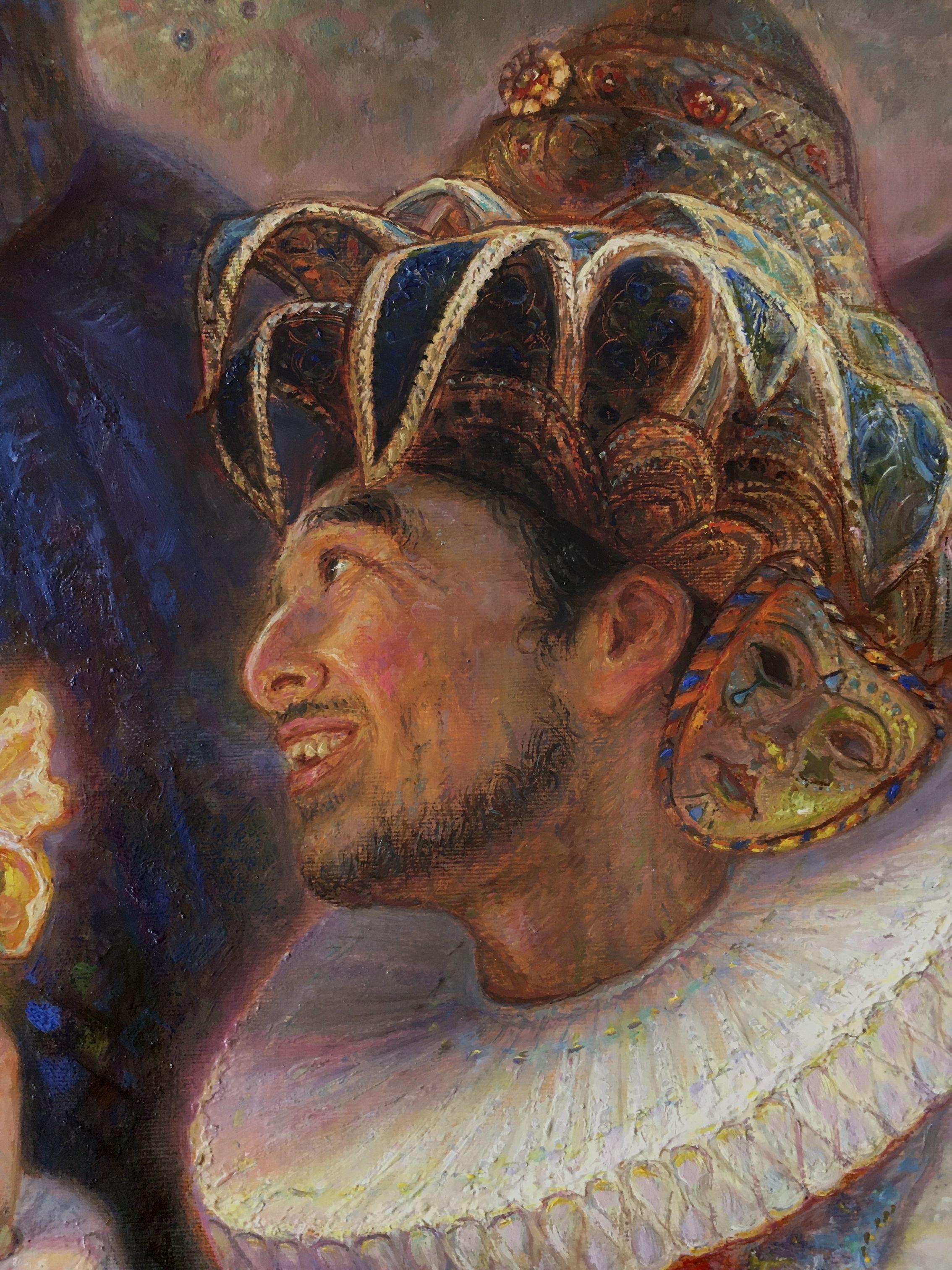 Ballo in maschera. 2020, olio su tela, 90x120 cm - Painting di Igor Maikov