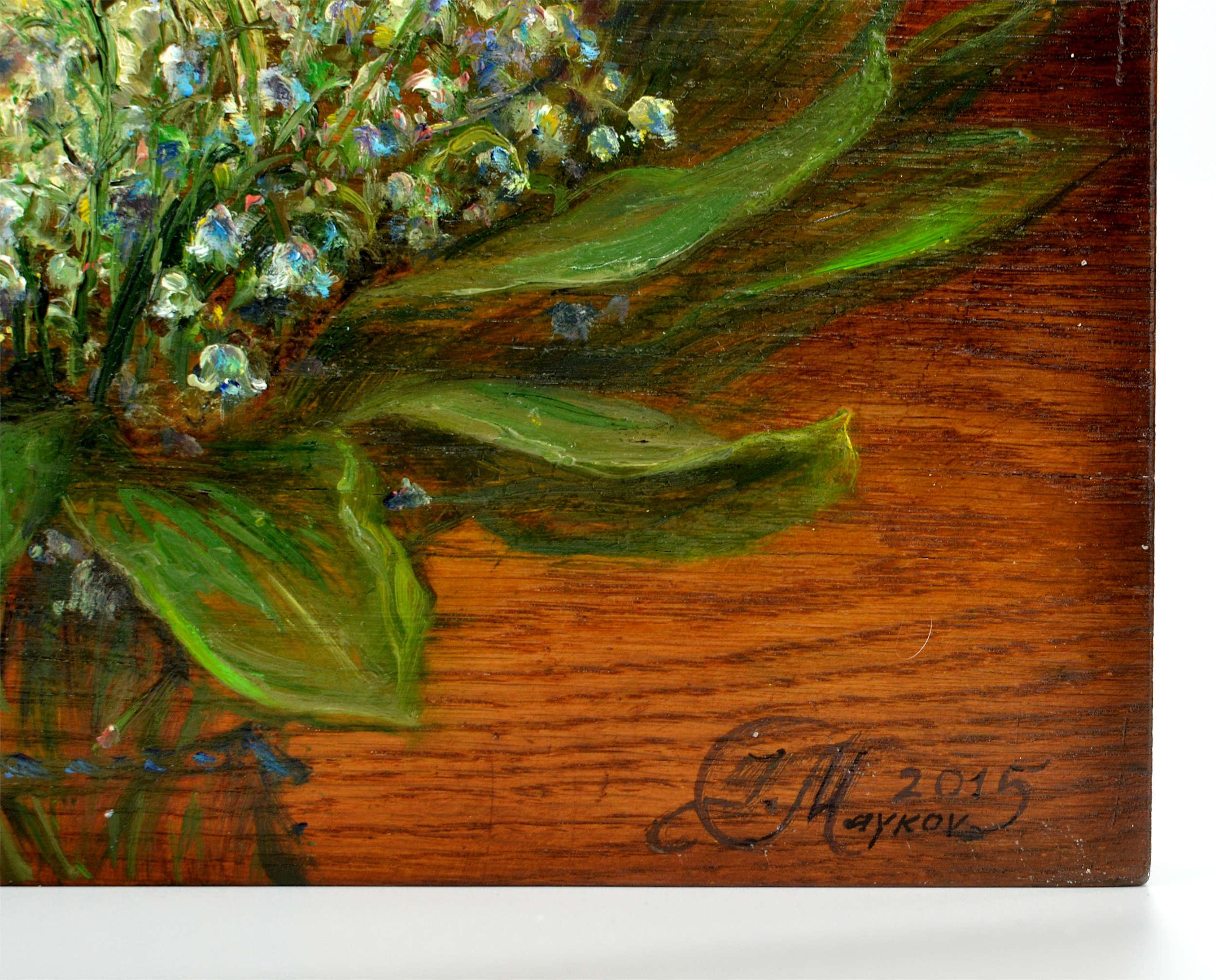 Maiblumen. 2015. Holz/Eiche, Öl. 32x25x3 cm – Painting von Igor Maikov