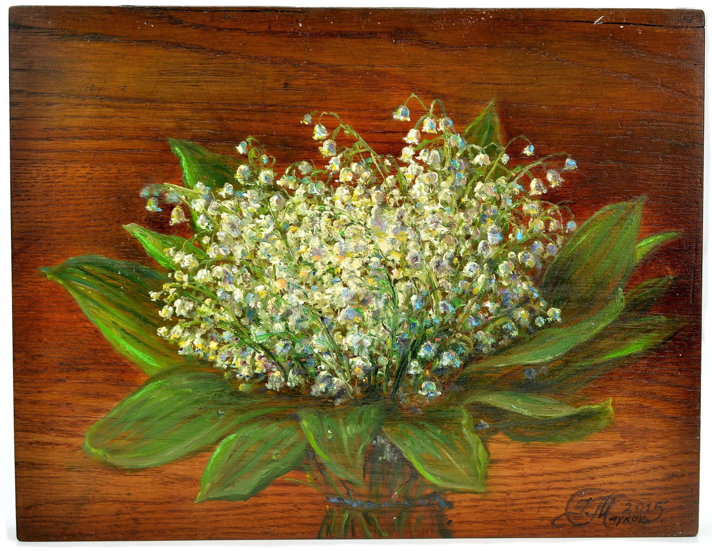 Maiblumen. 2015. Holz/Eiche, Öl. 32x25x3 cm