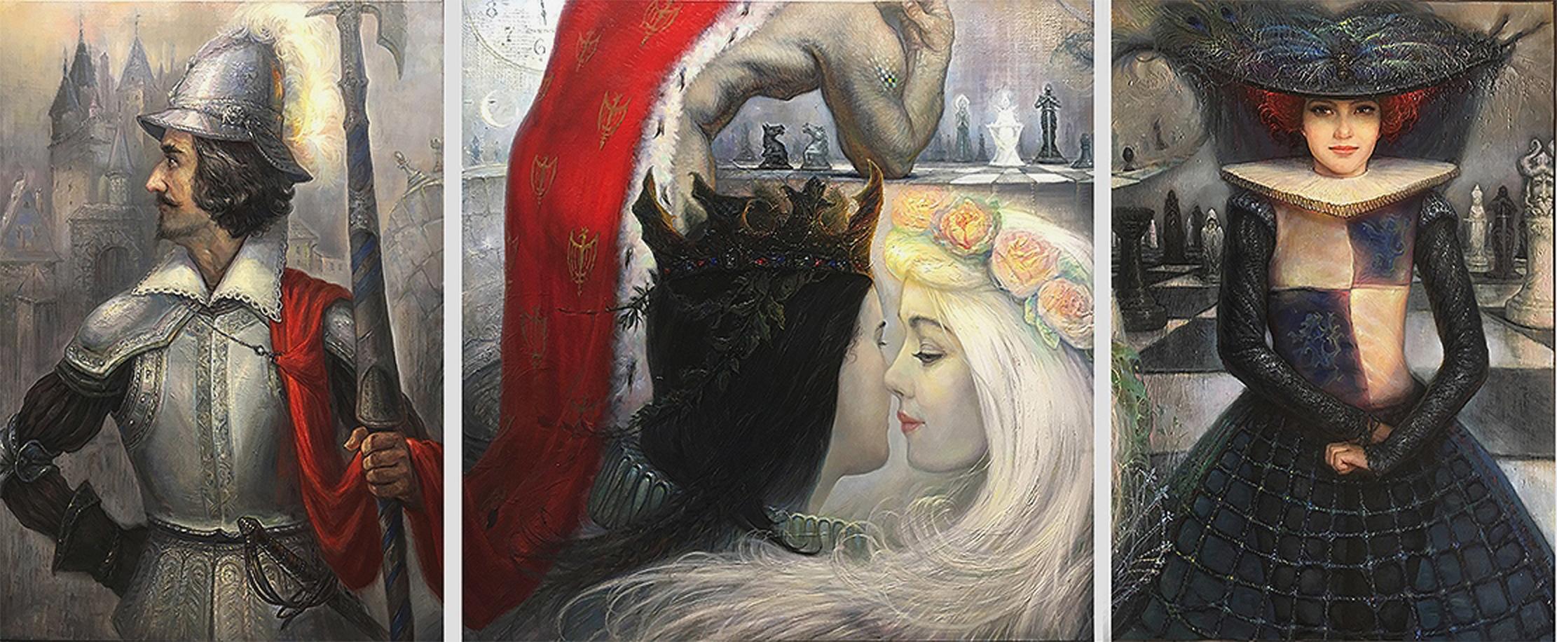 Figurative Painting di Igor Maikov - Bella partita a scacchi-triptih  olio/tela, 100x70 cm, 100x100 cm, 100x70 cm, 2015