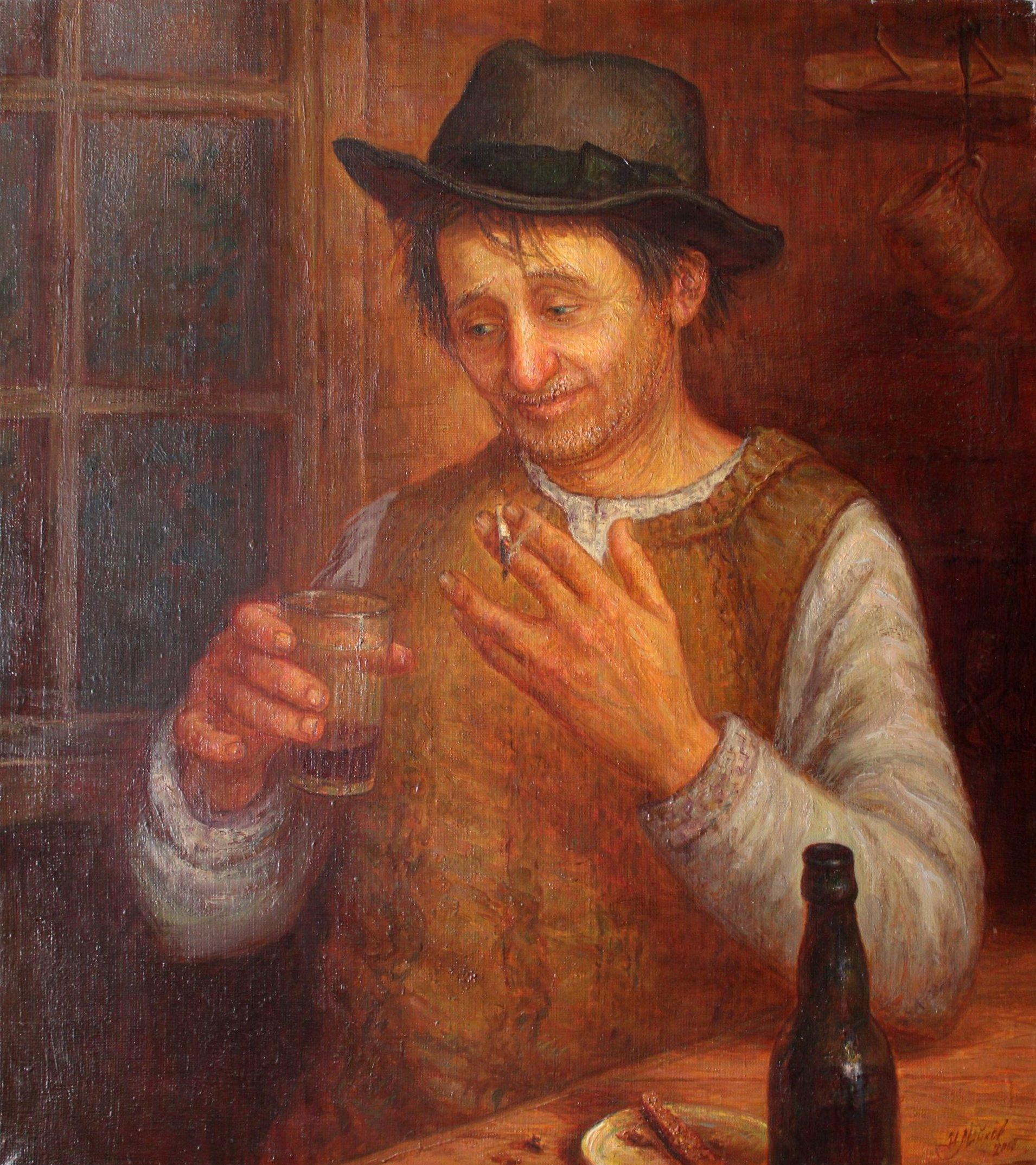 La cena del viejo granjero  60x54 cm, óleo/lienzo, 2000 - Painting de Igor Maikov