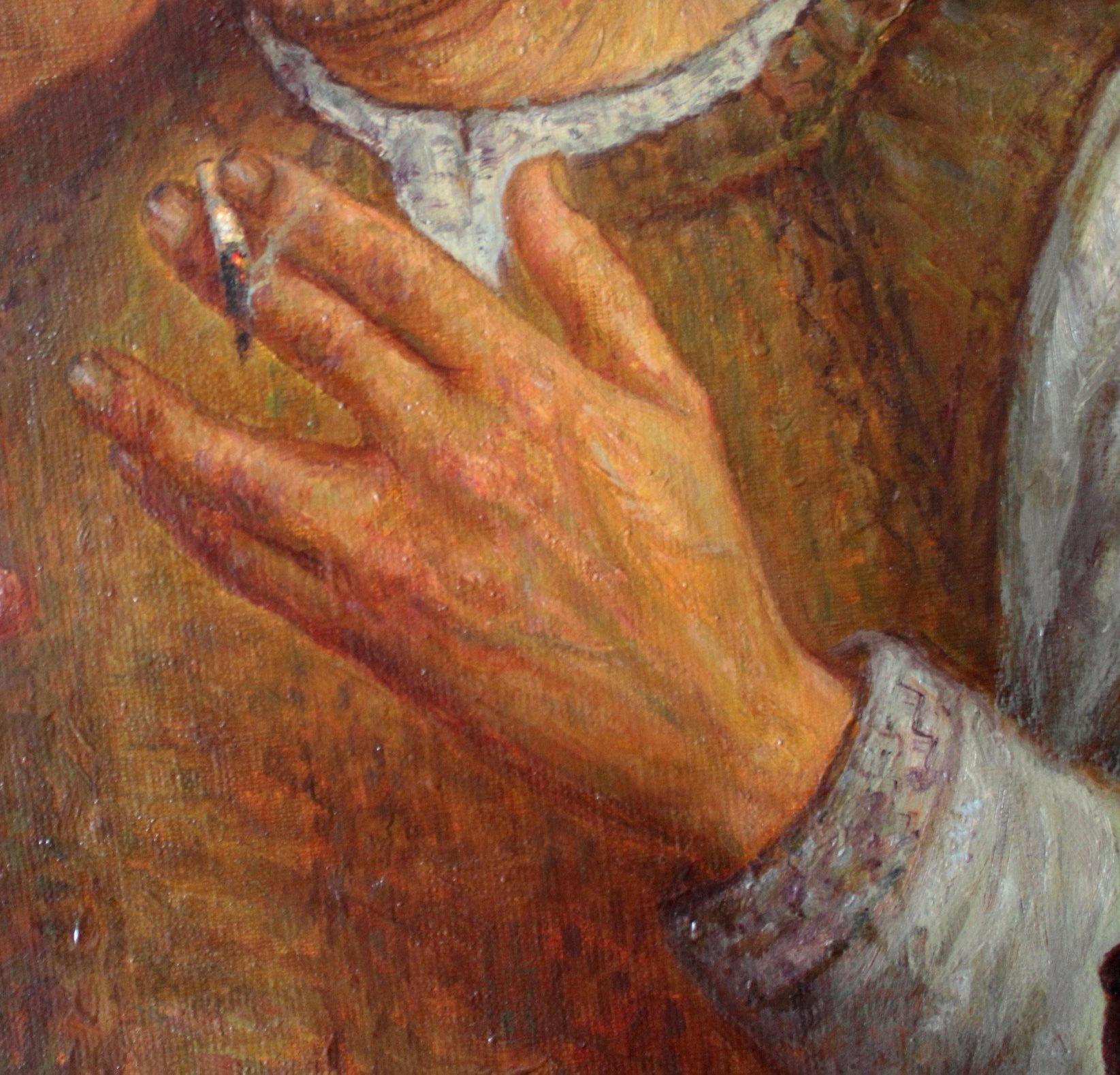La cena del viejo granjero  60x54 cm, óleo/lienzo, 2000 - Figurative Painting Marrón de Igor Maikov