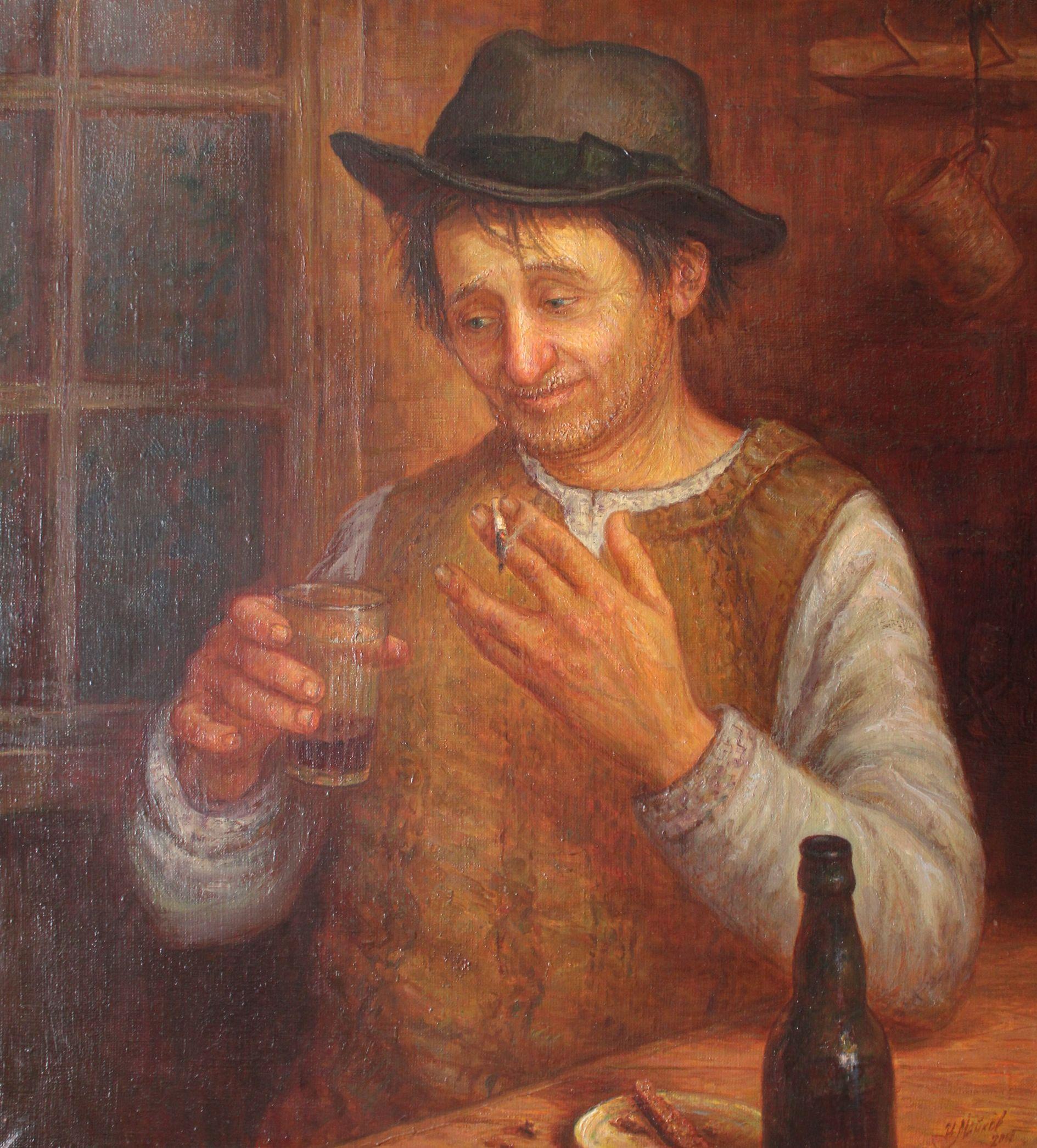 Figurative Painting de Igor Maikov - La cena del viejo granjero  60x54 cm, óleo/lienzo, 2000