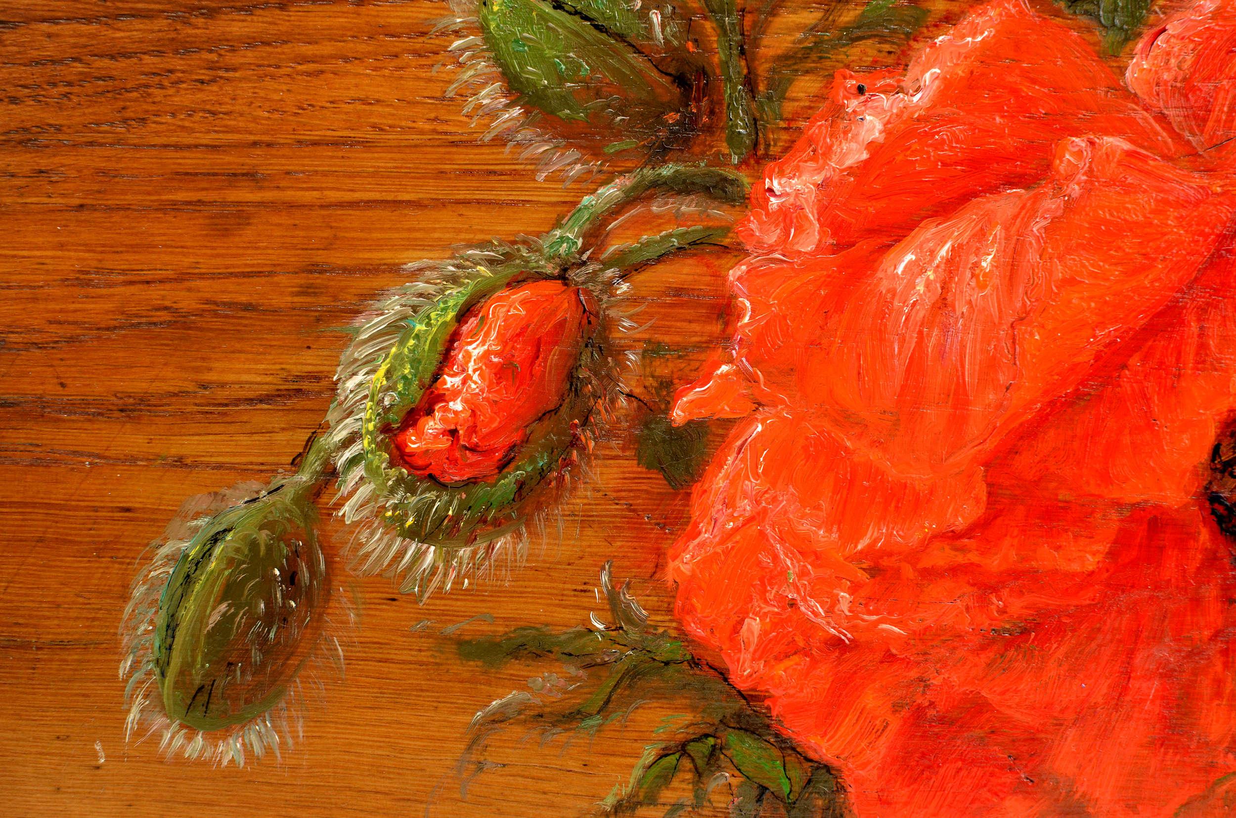 Mohnblumen. 2015. Holz/Eiche, Öl. 32x25x3 cm – Painting von Igor Maikov