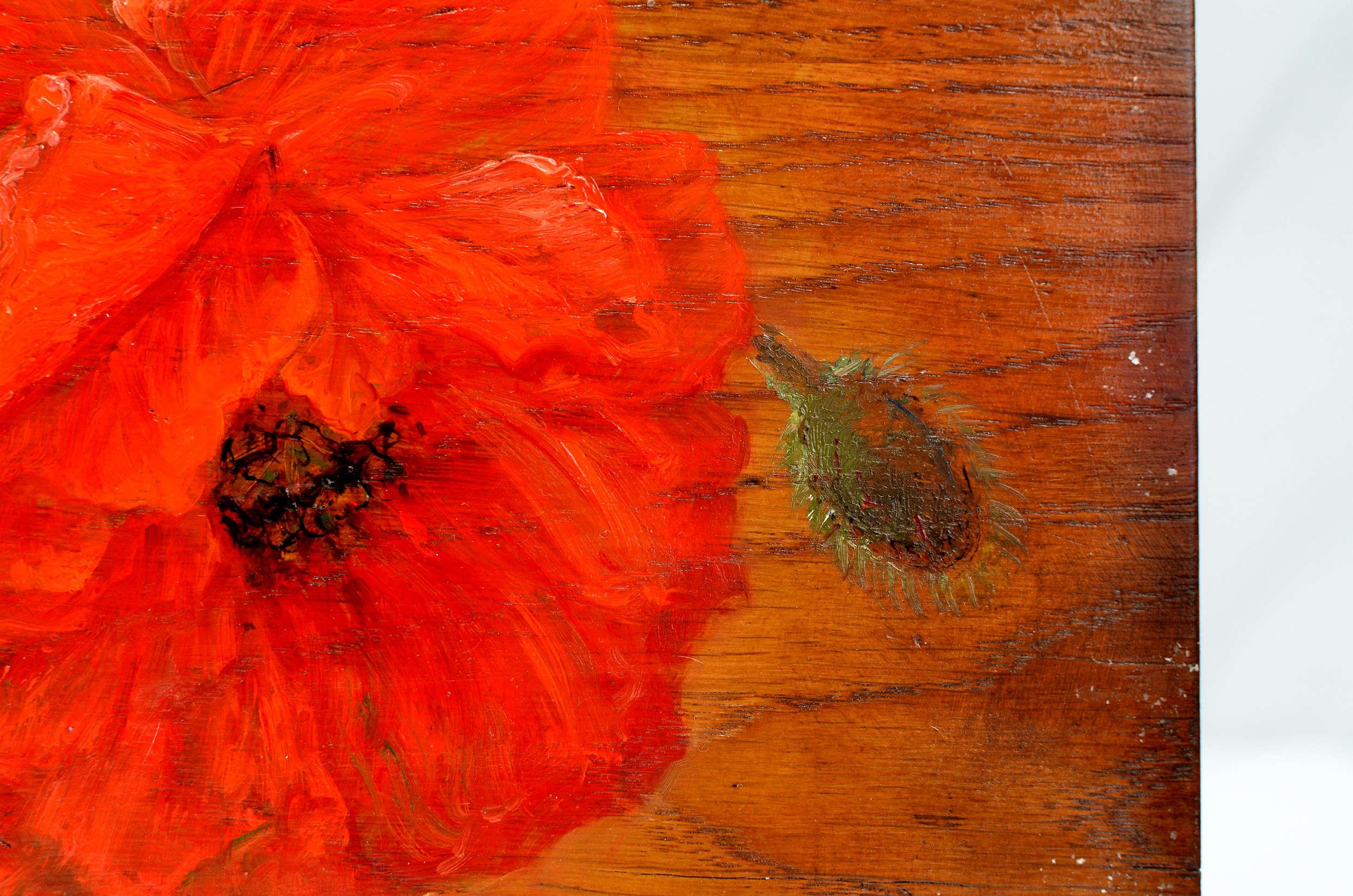 Mohnblumen. 2015. Holz/Eiche, Öl. 32x25x3 cm (Braun), Still-Life Painting, von Igor Maikov