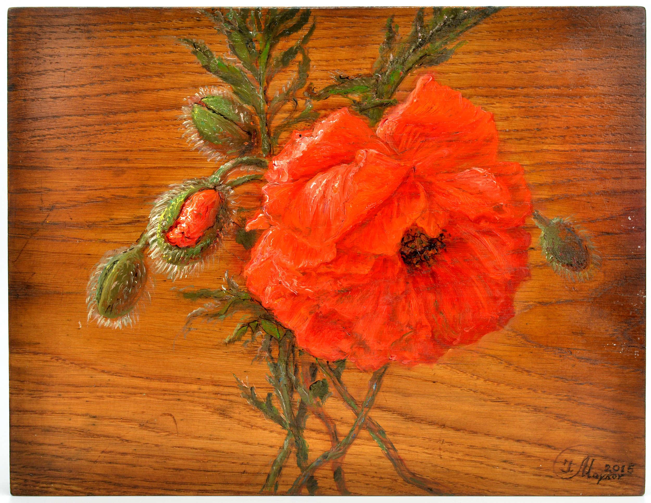 Igor Maikov Still-Life Painting – Mohnblumen. 2015. Holz/Eiche, Öl. 32x25x3 cm