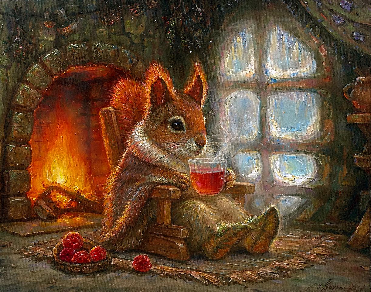 Animal Painting di Igor Maikov - Tè al lampone  olio/tela, 40x50 cm, 2024