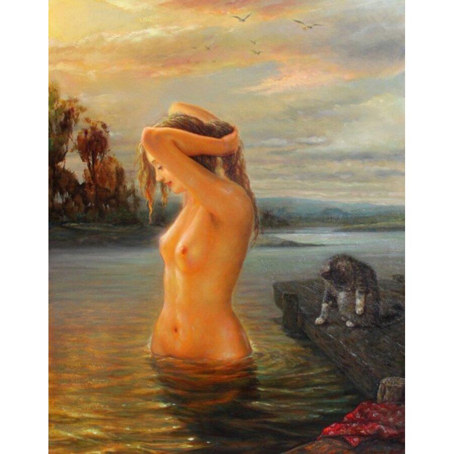 Figurative Painting di Igor Maikov - Nuoto al tramonto. 2005. Tela, olio, 90x70 cm